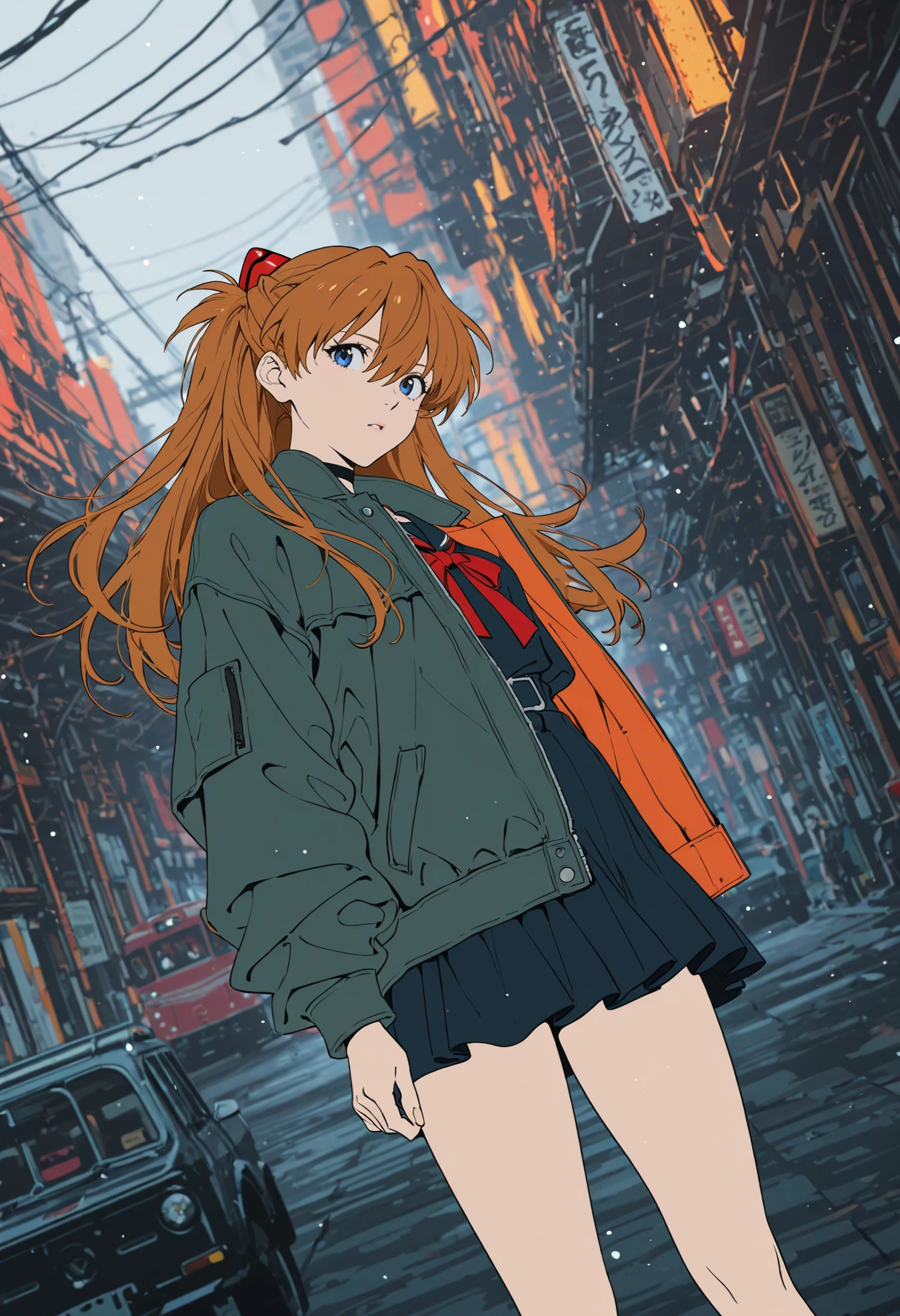 yoneyama mai:0.365,souryuu asuka langley,masterpiece,best quality,amazing quality,very aesthetic,absurdres,newest,extreme aesthetic,in the style of fashion photography,light particles,cinematic lighting,Visual impact,sharp focus,Emotionalization,depth of field,dutch angle,scenery,1girl,solo,looking at viewer,skirt,jacket,braid,outdoors,ground vehicle,motor vehicle,train,
(flat color:1.7),(abstract:1.5),(anime screenshot),(anime coloring ),