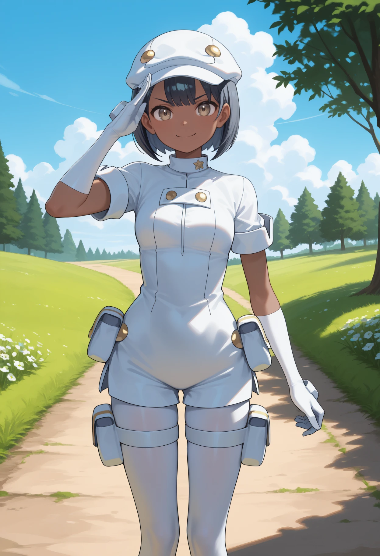 newest, solo, 1girl, dark-skinned female, smile, looking at viewer, standing, arm at side, salute, short hair, black hair, white headwear, cabbie hat, brown eyes, v-shaped eyebrows, uniform, short jumpsuit, white jumpsuit, short sleeves, white gloves, elbow gloves, white pantyhose, thigh pouch, outdoors, blue sky, cloud, grass, path, tree, flower
<segment:yolo-Anzhc Face seg 640 v3 y11n.pt,0.5,1//cid=11>