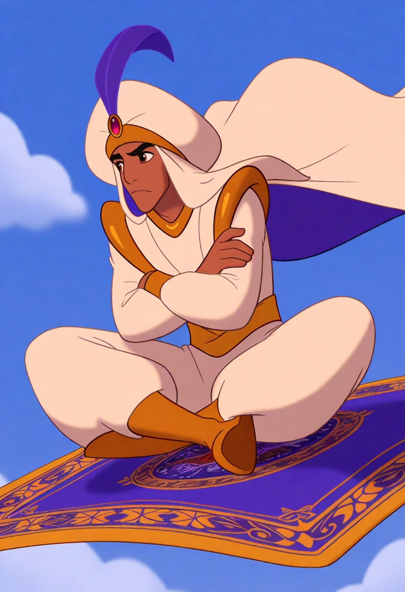 best quality, masterpiece, leold style, alddin, 1boy, solo, brown eyes, dark-skinned male, arabian clothes, white jacket, shoulder pads, long sleeves, two-tone cape, white cape, purple cape, gold sash, white puffy pants, white turban, red gemstone, purple hat feather, boots, gold pointy footwear, sitting, blue sky, cloud, flying, midair, magic carpet, indian style, crossed arms, serious, wind         <lora:JasmimeAladdinIllusV3:1>
