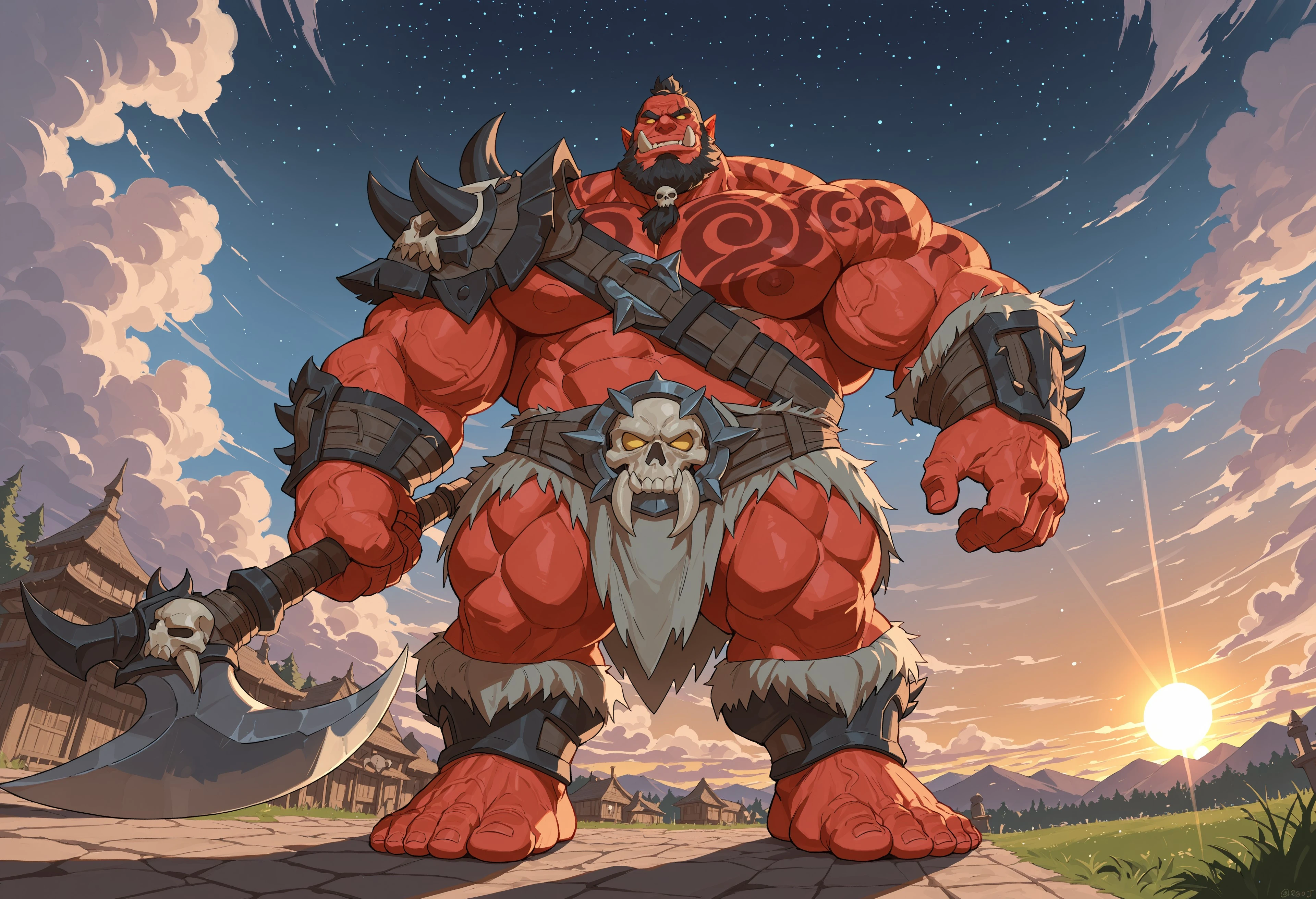 ((best quality, masterpiece, high quality, best quality, perfect anatomy, perfect hands, detailed face, detailed background, extremely detailed)), BREAK, muscular, beefy, bara, male, muscular, muscular male, mature male, 1 boy, male focus, solo, muscular, high angle, (((face focus))), (((detailed background))) ((face focus)), amazing lighting, thick body, wide body, large muscles, facing forwards, orc village background, outside, sun setting, Dutch angle, Khalgor, low angle, facing sideways, spiky shoulder guard, chest strap, red skin, shoulder and pec tattoo, beard, tusks, yellow sclera, ponytail, black hair, veiny biceps, shirtless, skull beard decoration, large feet, 20r0j_2, close up, no pupils, no eyes, angry, black hair on side of head, thick feet, looking down at viewer, standing up, smiling, looking over shoulder, ((detailed face, face focus)) night sky, sun setting, stars, clouds