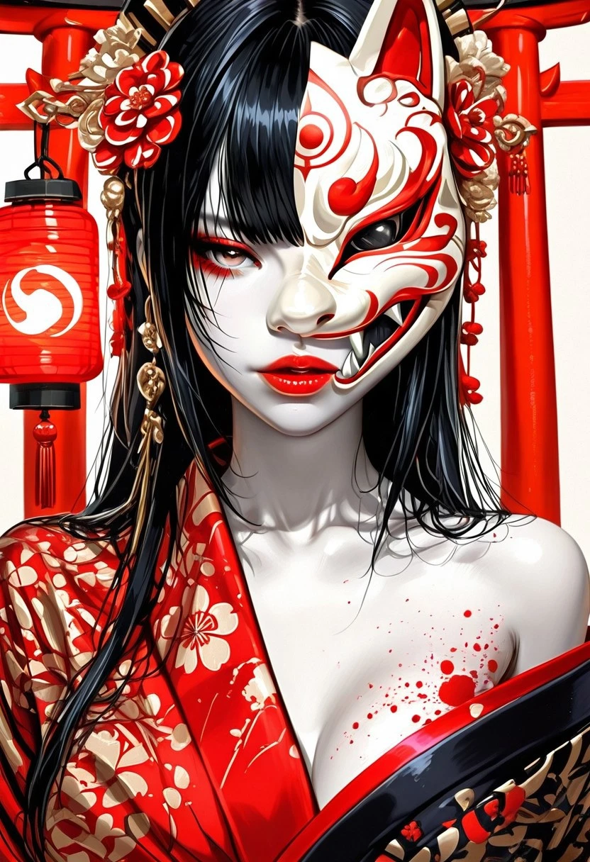a fantasy character in a dramatic pose. The character is a woman with pale skin and long black hair, styled with bangs. She is wearing a vibrant red kimono with intricate patterns, and her lips are painted a striking red. She holds a fox mask partially covering her face, adding an air of mystery. Behind her, large fox tails are visible, suggesting a mythical or supernatural theme. The background is a misty, atmospheric setting with a traditional Japanese torii gate and a glowing lantern, enhancing the mystical ambiance.