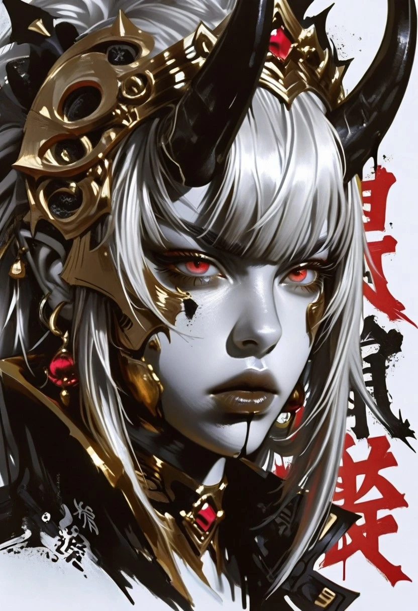 papercut style,monochrome style,high contrast,urban demon,red accents,kanji background,graphic poster,streetwear demon,graffiti kanji,black and white shading,neo-japanese,cyber oni,street samurai,vampire girl,aesthetic street demon,dripping paint,sharp shadows,
Elegant young woman, likely 18-25,  with striking light-gray hair and large, detailed, ornate horns.  Serene, almost regal expression; gaze directed slightly downward, serious.  Light-skinned, with rosy cheeks.  Wearing intricate, golden armor with embellishments of vibrant red gemstones.  Complete bodice and sleeves crafted in ornate gold designs over a deep burgundy dress; metallic, textured details.  Ornate jewelry and a gold crown with embedded red jewels adorn her head and neck.  Detailed facial features, with naturally sculpted brows and full lips.  Full, flowing, detailed, cascading light gray hair is a defining feature.  Dramatic, dynamic lighting highlights the details of the costume and the soft glow on her face.  Scene features hints of fire and sparks in the background and a dark, intense ambiance, with a focus on rich colors, red, gold, and silver, creating an almost mythical atmosphere.  The perspective is a close-up portrait, showcasing the elaborate costume and facial features.  Art style is hyperrealistic, with a focus on detail and beauty, suggestive of video game art style.