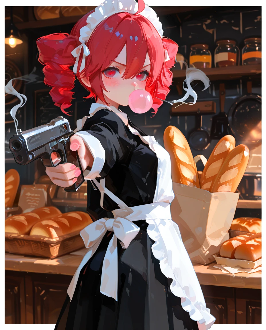 1girl, angry, kasane teto, ahoge, alternate costume, apron, baguette, black dress, blowing bubbles, blush, bread, chewing gum, dress, drill hair, fingernails, food, gun, hair between eyes, hair ribbon, handgun, aiming at viewer, bag of bread, holding gun, holding weapon, long sleeves, m1911, maid, maid apron, maid headdress, outside border, red eyes, red hair, ribbon, short hair, smoking barrel, solo, twin drills, waist apron, weapon, white apron, white border, white ribbon, looking back, turning around, bakery, indoors, newest, detailed background, high resolution, amazing quality, best quality, good lighting, detailed eyes
