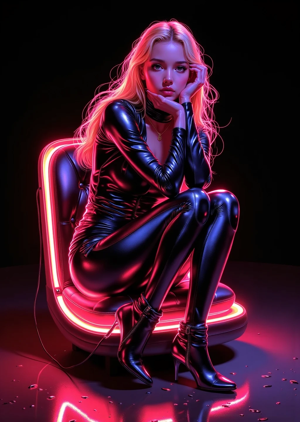 fluxlisimo_drawio,mid-distance view of a cute cyberpunk woman sitting gracefully on a futuristic glowing chair, dressed in tight glossy leather, blonde hair softly lit by neon red light, shy and innocent expression, black background with shiny reflections under her, relaxed and playful pose, digital painting with soft brushstrokes, emotional and dreamy mood
