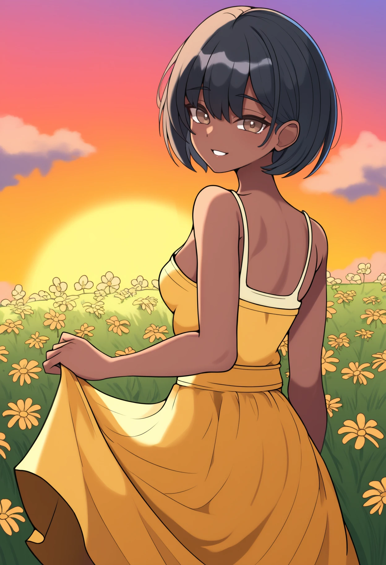 newest, , solo, 1girl, dark-skinned female, smile, looking back, looking at viewer, skirt hold, short hair, black hair, brown eyes, yellow sundress, spaghetti strap,  shoulders, outdoors, sunset, cloud, grass, flower field
<segment:yolo-Anzhc Face seg 640 v3 y11n.pt,0.5,1//cid=11>