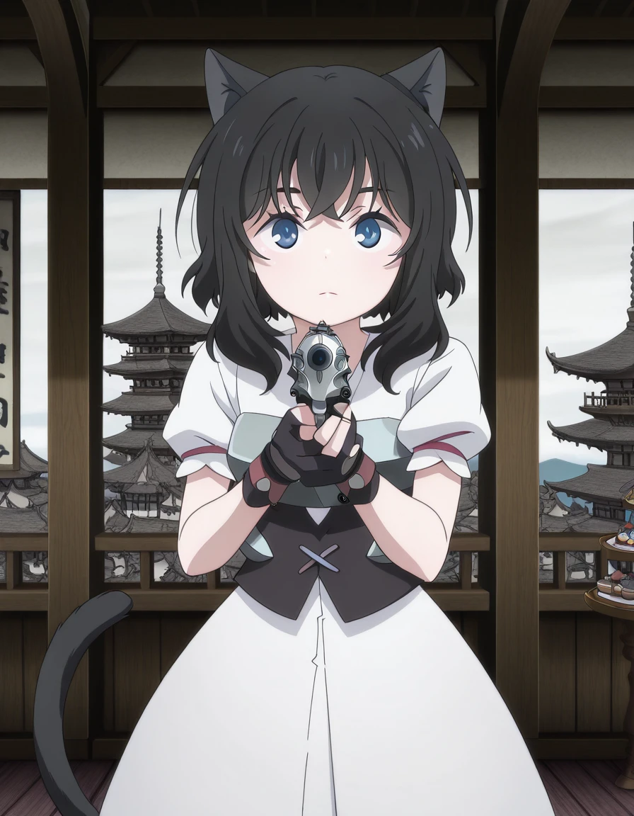 masterpiece, best quality, amazing quality,, <lora:tenken-fran-s1-illustriousxl-lora-nochekaiser:1>, fran, long hair, blue eyes, black hair, animal ears, tail, medium hair, cat ears, cat tail, cat girl, anime screencap, gloves, dress, short sleeves, black gloves, puffy sleeves, fingerless gloves, white dress, armor, puffy short sleeves,, <lora:center-axis-relock-stance-illustriousxl-lora-nochekaiser:1>, center axis relock stance, looking at viewer, holding, closed mouth, weapon, holding weapon, gun, holding gun, handgun, aiming, finger on trigger, aiming at viewer, m1911,, pagoda, tall, tiered, Asian, sacred, cowboy shot, solo, looking at viewer,