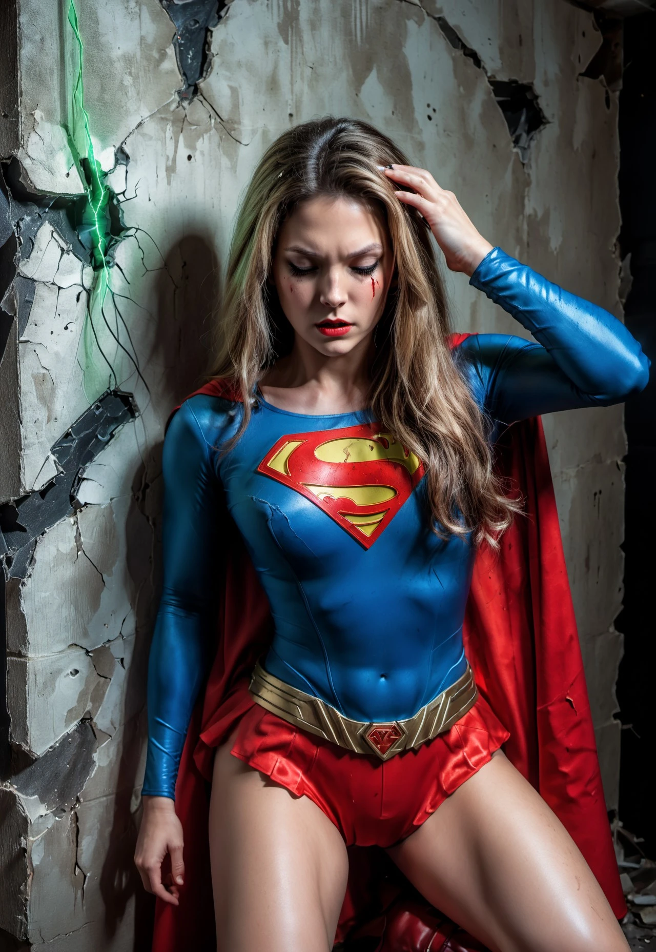 Superwoman in her classic blue costume with red trunks, boots, and cape, leaning back against a wall. She looks visibly weakened from kryptonite exposure, with small green electric arcs sparking across her battle-damaged, torn costume exposes her breasts. Her lips are parted and her eyes are closed in a dazed, disoriented expression. One hand holds her head while her back rests against the wall. Realistic lighting, cinematic, dramatic shadows, detailed fabric textures, soft focus background, emotionally intense, vulnerable pose. Krypto exposure, BattleDamage.