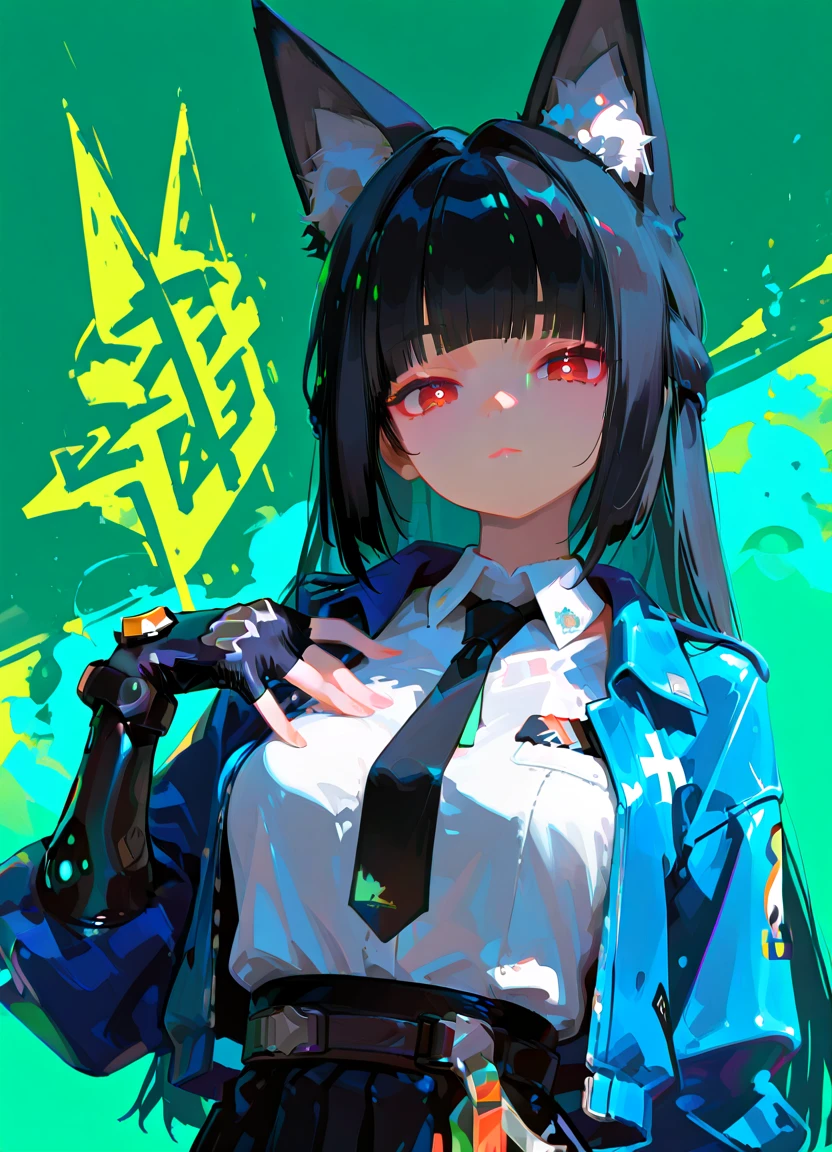 hoshimi miyabi, zenless zone zero, 1girl,animal ear fluff, animal ears,long hair black hair,red eyes, fingerless gloves,black necktie, black gloves, white shirt, looking at viewer, upper body, black skirt, collared shirt, closed mouth, hand on own chest, bright pupils, white pupils, open clothes, two-tone background, green background, simple background, hand up, blue jacket, blunt bangs, mechanical arms, vivid color, detailed lighting, highres, absurdres, masterpiece, amazing quality, best quality, very aesthetic, newest, very awa, high resolution, amazing quality, best quality, good lighting, very aesthetic, complex background, detailed eyes