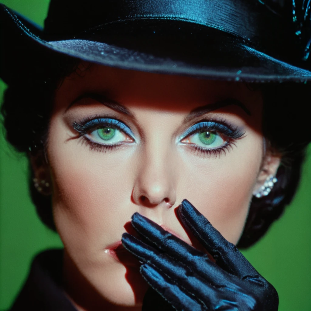 <lora:70s_Giallo_thrillerSDXL:1> Movie still from a 70s Giallo thriller, The image is a close-up portrait of a woman's face. She is wearing a black hat and a black glove on her left hand. The woman's eyes are a piercing blue color and her eyebrows are perfectly groomed. She has a serious expression on her face and her lips are slightly parted. The background is dark and out of focus making the woman the focal point of the image. The lighting is dramatic and dramatic creating a dramatic effect., solo, 1girl, realistic, lips, looking at viewer, green eyes, portrait, close-up, black hair
