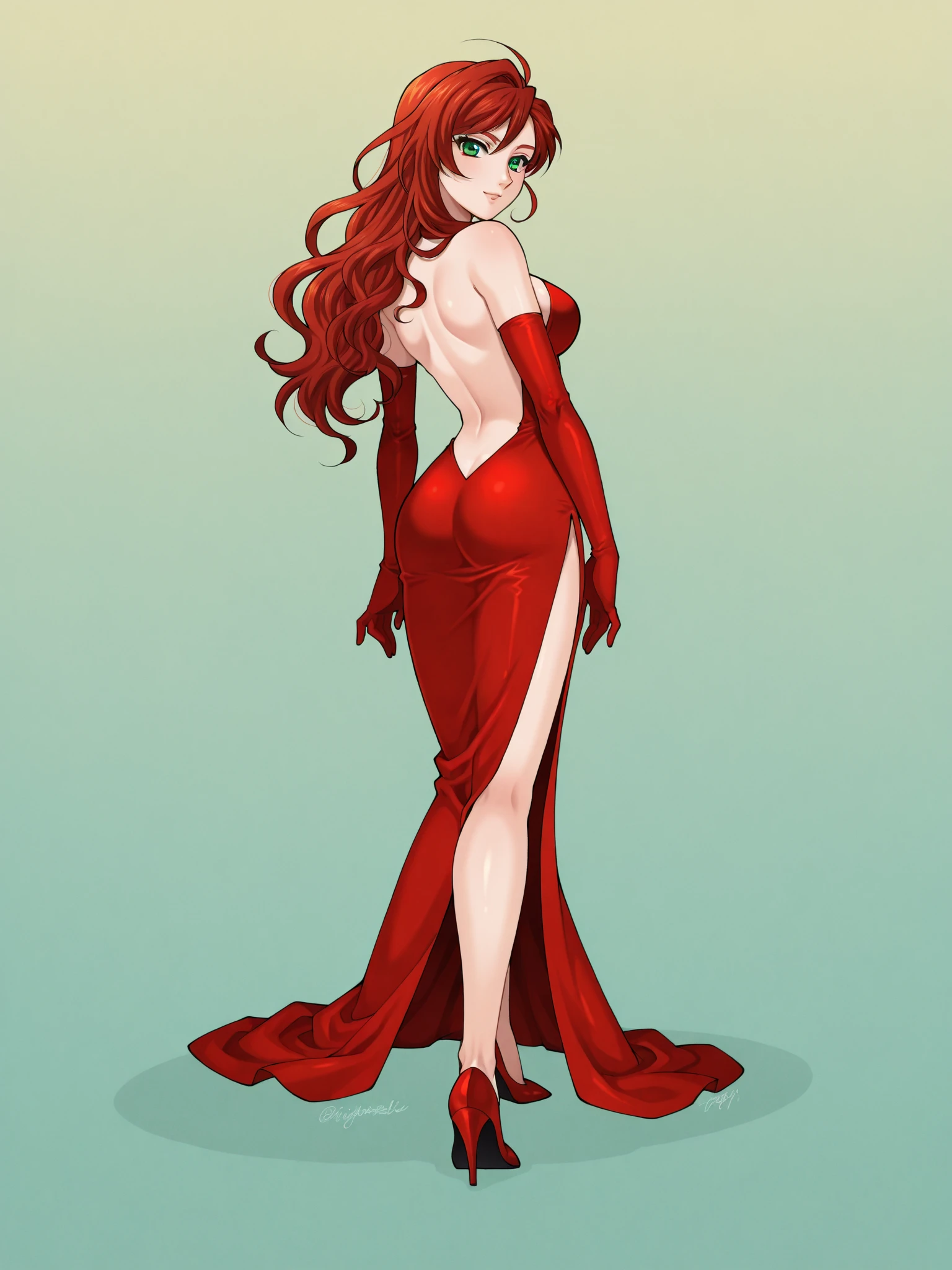 Red hair, sexy milf in red dress