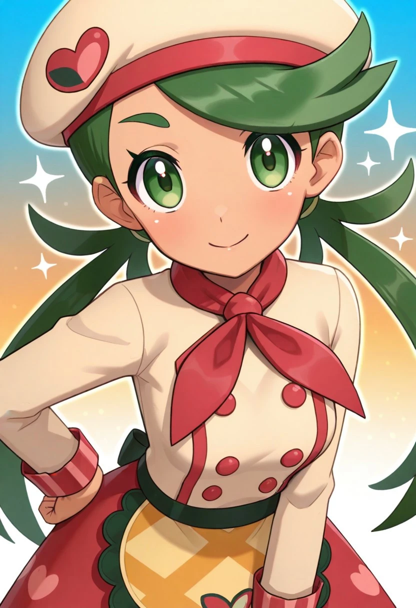 hinosaki, [[pokemoa, gonzarez]], 2d, masterpiece, best quality, amazing quality, 1girl, solo, close-up, standing, smile, upper body, leaning_forward, looking at viewer, multicolored background, sparkle, gradient background, blue background, orange background,  colorful background, masterpiece, best quality, amazing quality, highres, absurdres, newest, beret, beige headwear, red neckerchief, beige jacket, double-breasted, long sleeves, waist apron, red skirt, pmallow, mallow \(pokemon\), green eyes, green hair, low twintails, swept bangs, long hair, dark-skinned female
