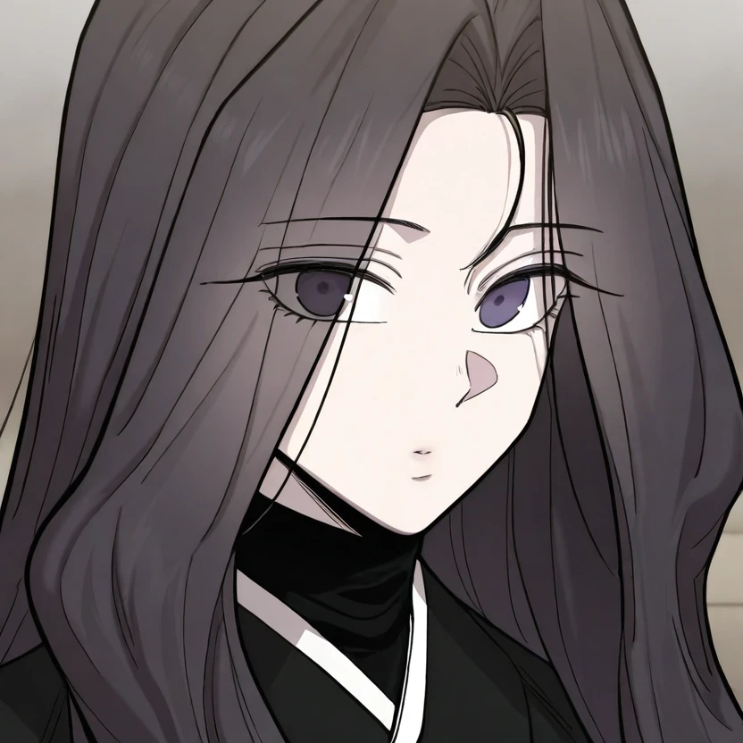 masterpiece, best quality, looking at viewer, portrait, yooiseol, 1girl, solo, long hair, violet eyes, black hair, eyes visible through hair, gown, outfit_black