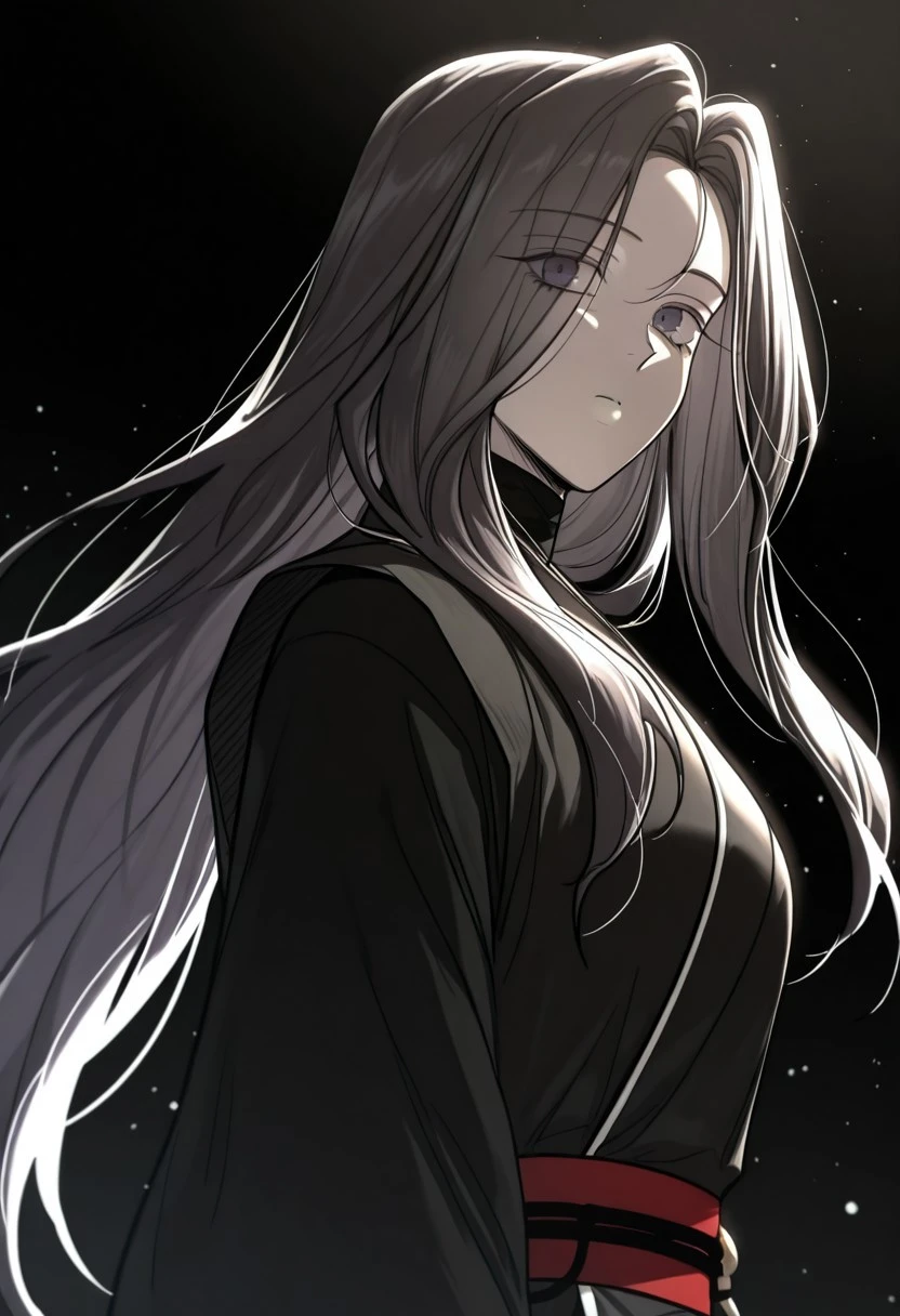 yooiseol, 1girl, solo, long hair, violet eyes, black hair, eyes visible through hair, outfit_black, gown, long sleeves, sash, black footwear,
looking at viewer , upper body, looking to the side, light particles, white background, backlighting, gradient background, black background,
masterwork, masterpiece, best quality,  detailed, depth of field, , high detail, best quality, very aesthetic, 8k, dynamic pose, depth of field, dynamic angle,