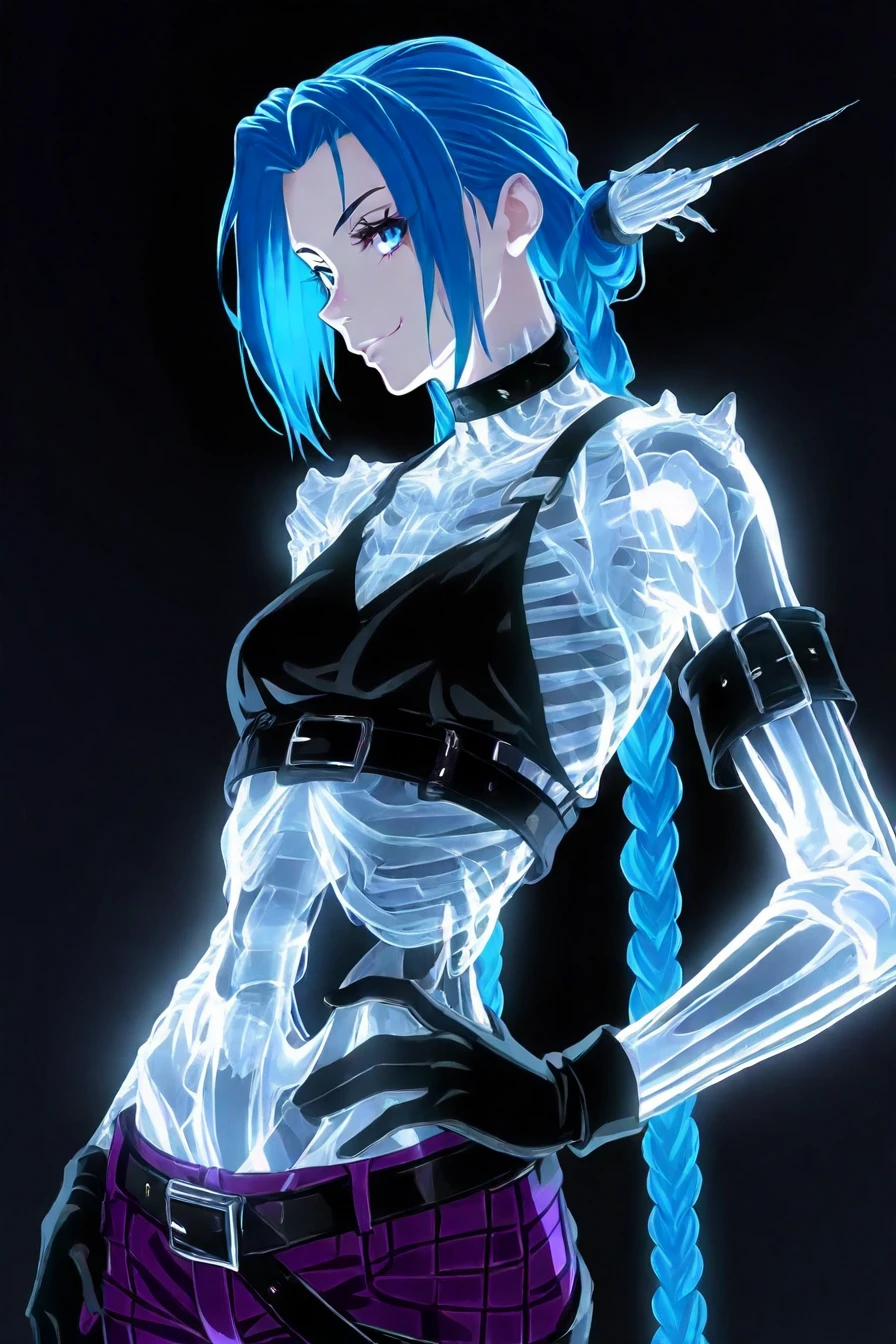 jinx, blue hair, pale skin, choker, smile, blue eyes, long blue twin pigtails, tattoo,crop top, sleeve, armbands, purple striped pants, gloves, belt, 1girl, solo, alone, <lora:dark_ethereal_art_illustriousXL-000031:1>, dark_ethereal_art,  see-through body , translucent, skeleton, masterpiece, highres