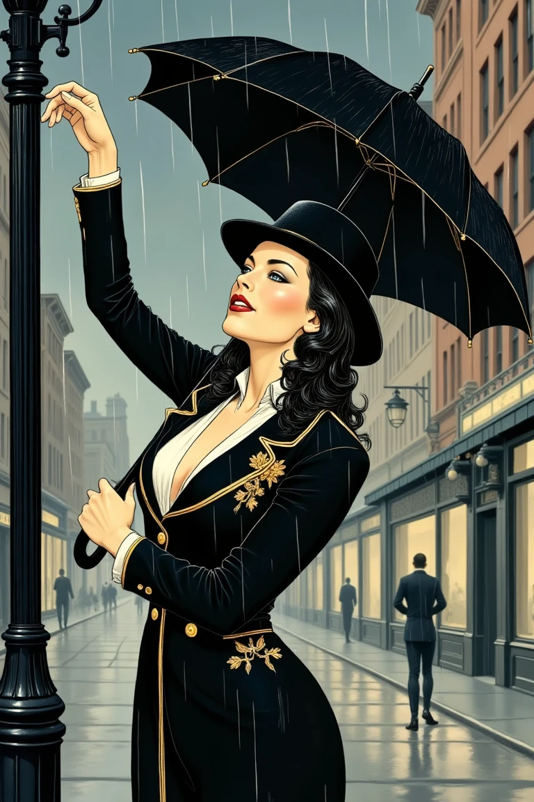 High Quality, Hyper Details, illustration style, Sumi-e style, 1930's American age, on the streets of the town where it's raining, Miranda Lawson hanging one hand on a high street lamp, ((The other hand not touching the street lamp is holding an open black umbrella and is spread out)), black double suit with golden embroidery, wearing a fedora, blue eyes, long wavy dark hair, Her whole body is wet with rain, A scene of singing in the rain, Musical, c0mix2