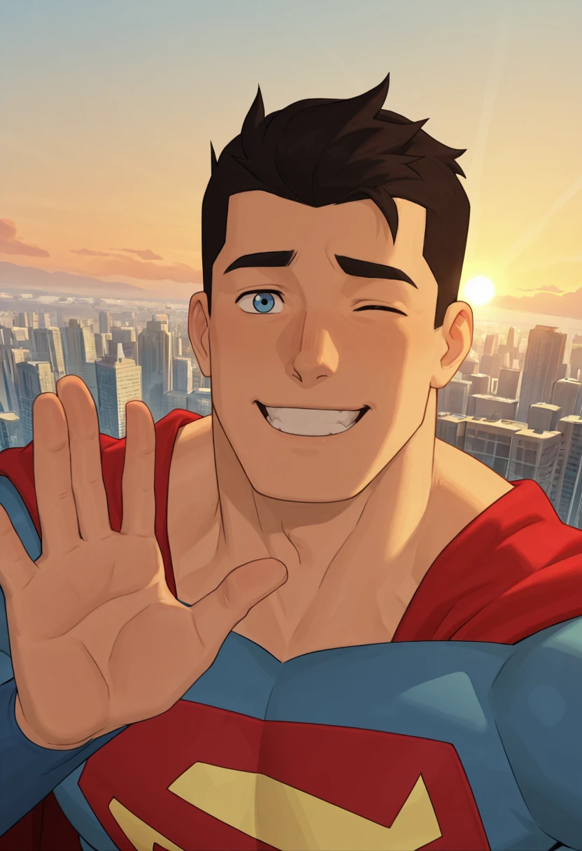 1boy, male focus, from shoulders, maws, maws_superman, maws_blue_eyes, maws_superman_black_hair, maws_superman_blue_suit, maws_superman_red_cape, hand raised waving at viewer, body slightly turned, expressive bright face, eyes wide open, mouth smiling, looking at viewer, one eye closed, close up, outside, flying over cityscape, towering golden skyscrapers stretching to horizon, sunlight, portrait, masterpiece, best quality, absurdres, cinematic lighting, ambient sunset glow, volumetric light, ultra-detailed, newest, 8k, vibrant shading, smooth rendering, dynamic pose, dynamic angle, <lora:Superman_MAWS:0.8>