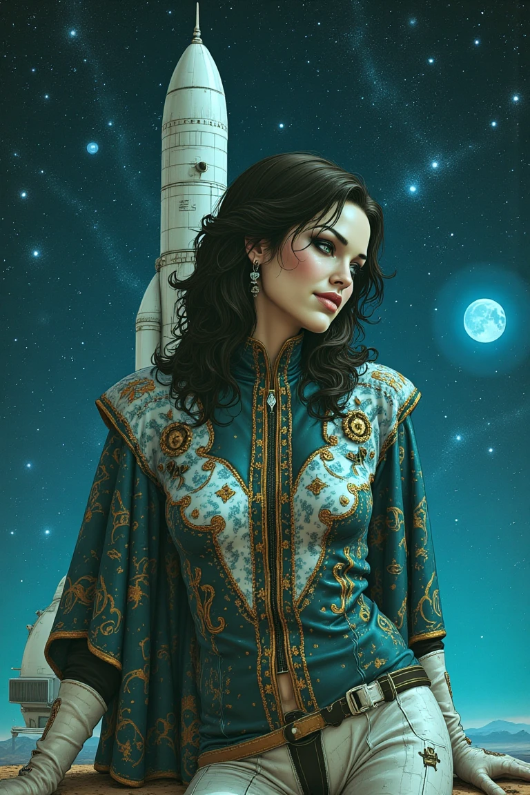 photo of (resplendent Miranda), wearing a cosmic poncho, conniving smirk , leaning against the base of a rocket ship she built, bleach bypass teal color matrix grid, style of Jacek Yerka Alex Grey, c0mix2