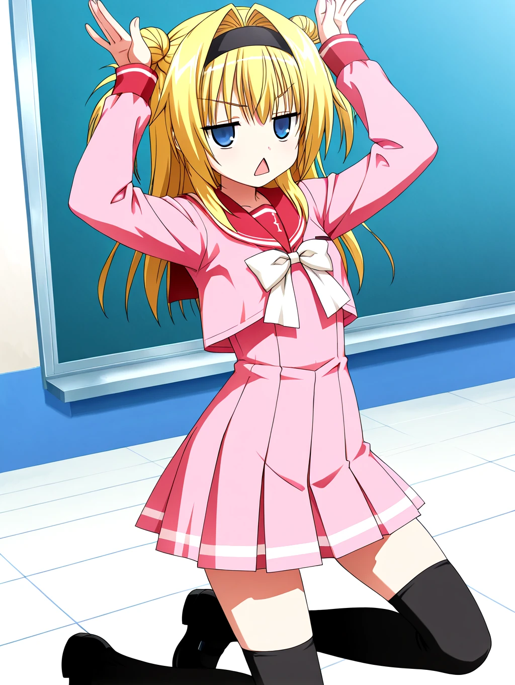 asmodeus \(umineko\), 1girl, red eyes, ((Pigtails hair)), blonde hair, ((umineko no naku koro ni)), ((Tight leotard)), ((sexy pose)), ((Wrestling ring)), (Big tits), (Wide hips)