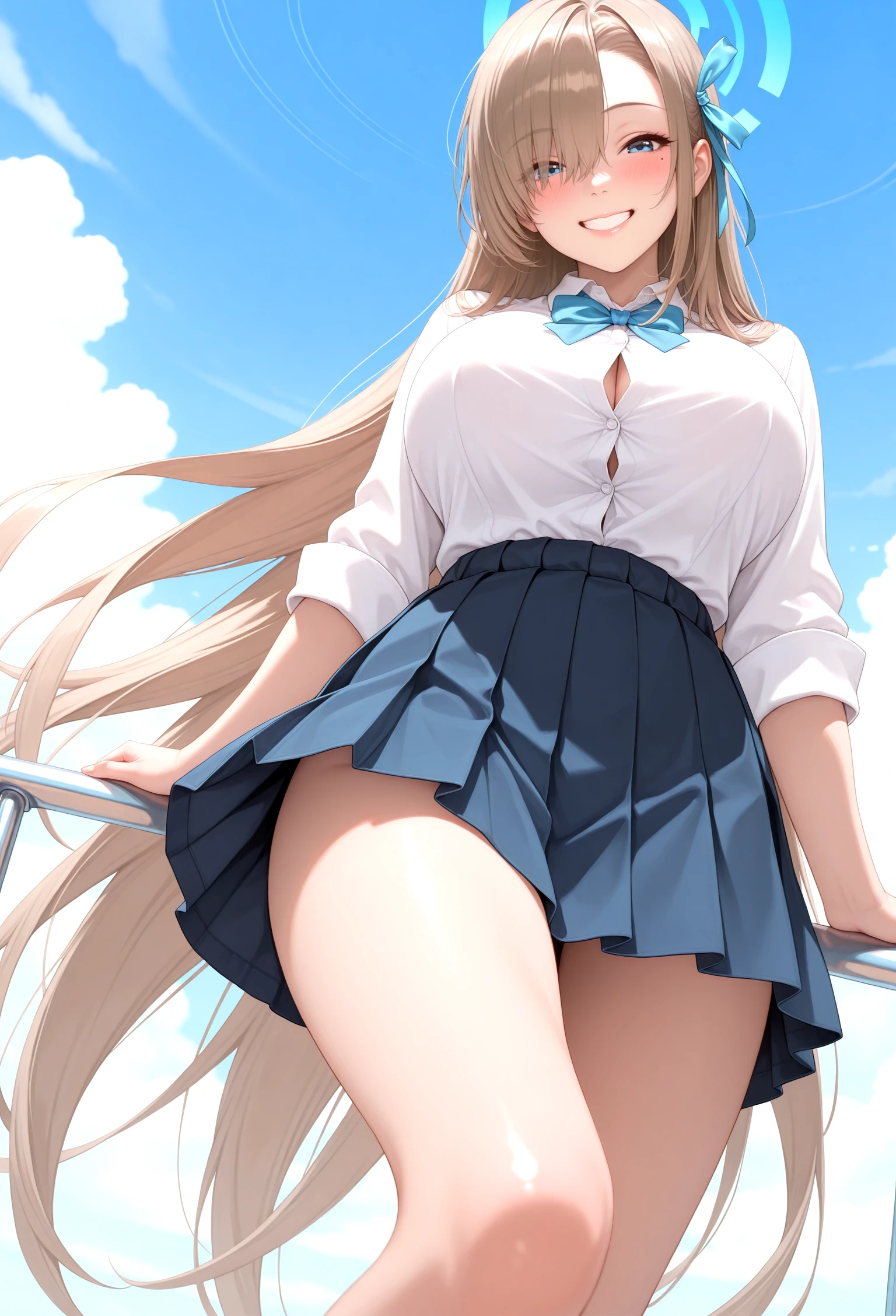 front、panty shot、sailor suit、Beautiful Girl Magician、blonde twintails、((whole body))、(((photo taken from below)))、school gate