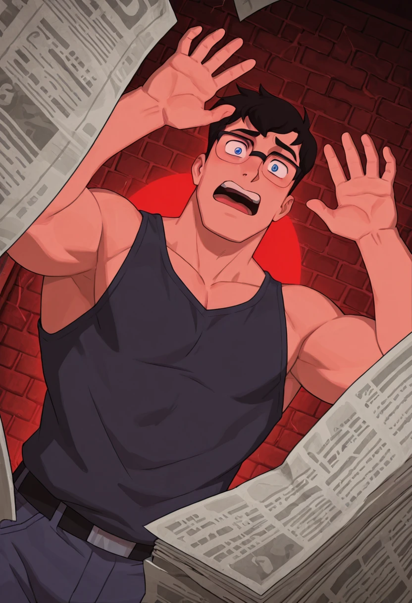 1boy, male focus, from shoulders, maws, maws_clark, maws_blue_eyes, maws_clark_black_hair, maws_clark_glasses, shoulders relaxed, hands raised halfway, gripping glasses by edge, expressive surprised face, eyes wide open, mouth open, alleyway with brick walls, scattered newspaper, flickering red light, distant siren glow, ultra-detailed, cinematic glow, masterpiece, best quality, newest, dynamic angle., dynamic pose, dynamic angle, low angle, close up:2.8, slightly from behind, slightly from underneath, <lora:Superman_MAWS:0.8>
