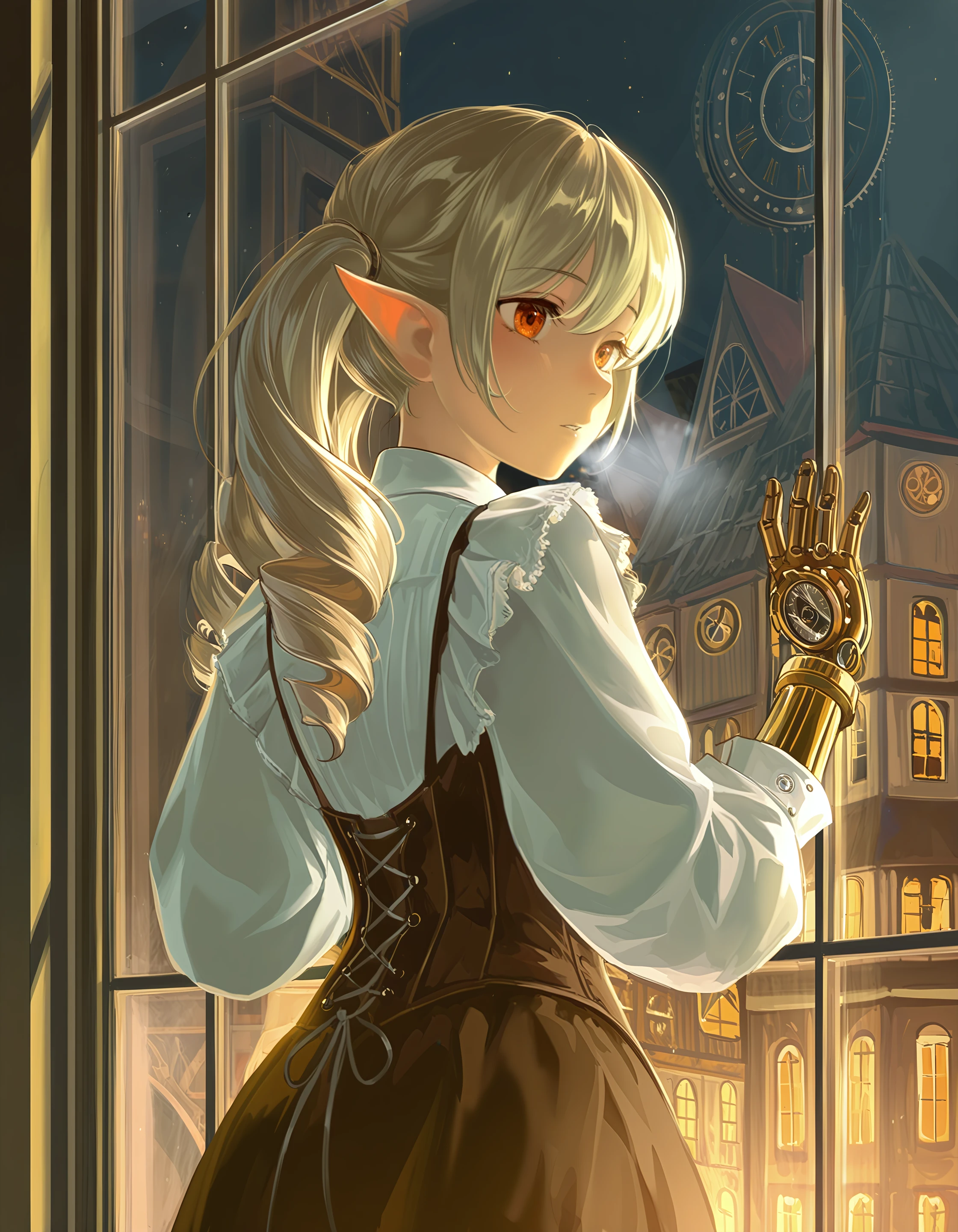 r34s0n, masterpiece, best quality, highres, very awa, very aesthetic, 1girl, steampunk, prosthetic arm, antique, glass, close-up, cowboy shot, blonde hair, pointy ears, original, clockwork, drill hair, twin tails, long hair, orange eyes, dark theme, store, medieval, white shirt, dress shirt, frills, window, against window, breath, city, 