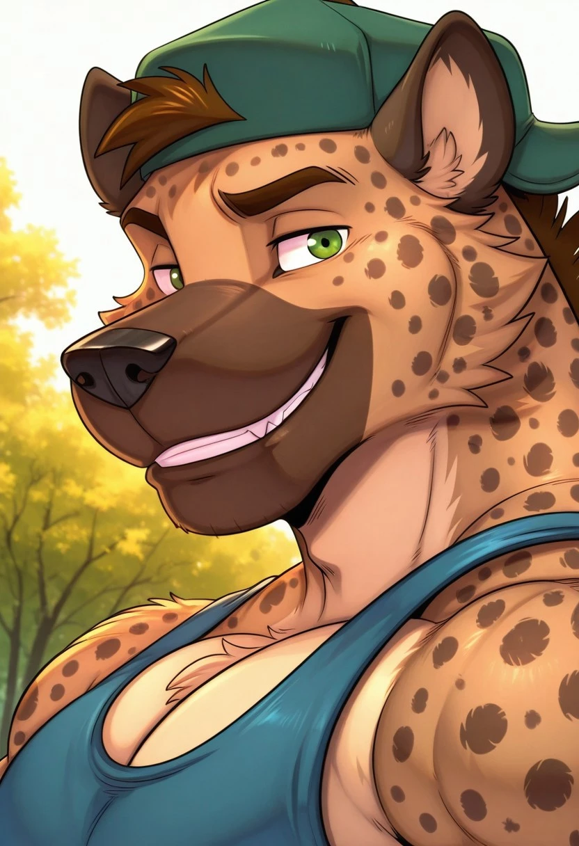 Felipe, solo, furry, hyena boy, tail, perfect eyes, green eyes, smile, muscular, masculine, manly, large pectorals, dynamic angle, face focus, portrait, close up, green backwards cap, blue tank top, sidepec, BREAK masterpiece, amazing quality, high detail, very aesthetic, detailed background, scenery, detailed fur, detailed muscles, cinematic lighting, side angle