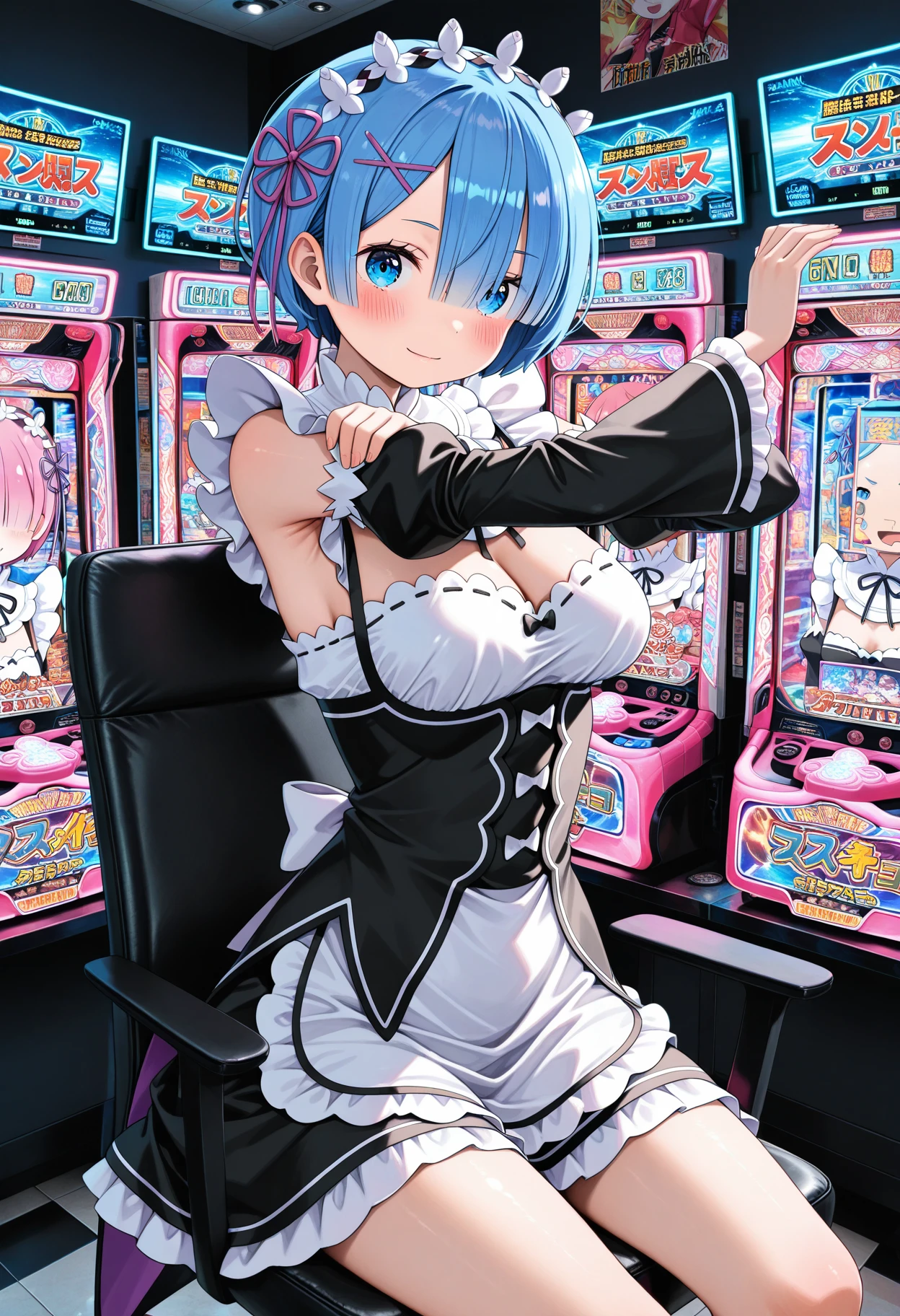 indoors, pachinko_parlor, poster (object),monitor, tiles, neon lights,many chair
<lora:pachinko_parlor_Illustrious_2.0-XL_v1:1>
rem_(re:zero) ,roswaal_mansion_maid_uniform
sitting, (dynamic_pose),
blush
looking at viewer,cowboy shot,closed mouth, light smile,, masterpiece, newest, absurdres, best quality, amazing quality, very aesthetic, ultra-detailed, highly detailed
addmicrodetails
<lora:AddMicroDetails_Illustrious_v4:0.4>,