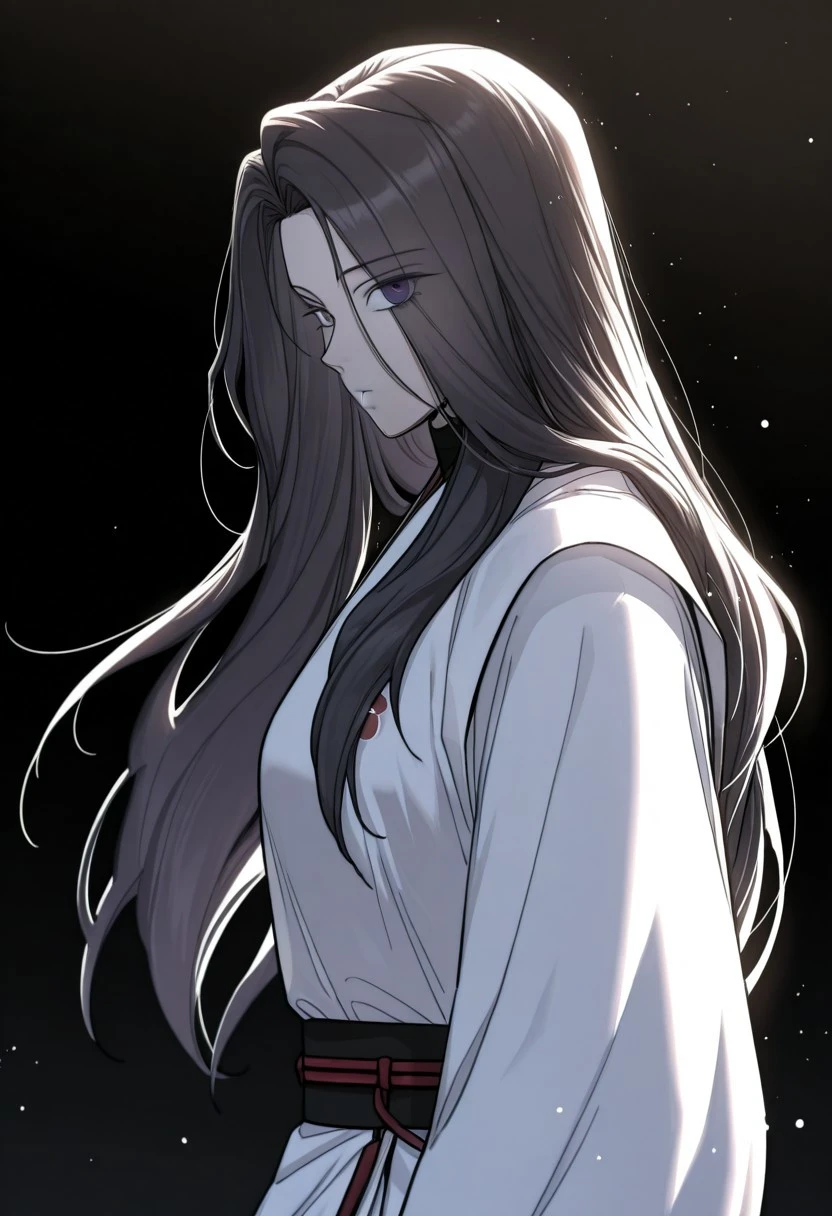 yooiseol, 1girl, solo, long hair, violet eyes, black hair, eyes visible through hair, outfit_white, gown, long sleeves, sash, black footwear,
looking at viewer , upper body, (from side:0.7), looking to the side, light particles, white background, backlighting, gradient background, black background,
masterwork, masterpiece, best quality,  detailed, depth of field, , high detail, best quality, very aesthetic, 8k, dynamic pose, depth of field, dynamic angle,