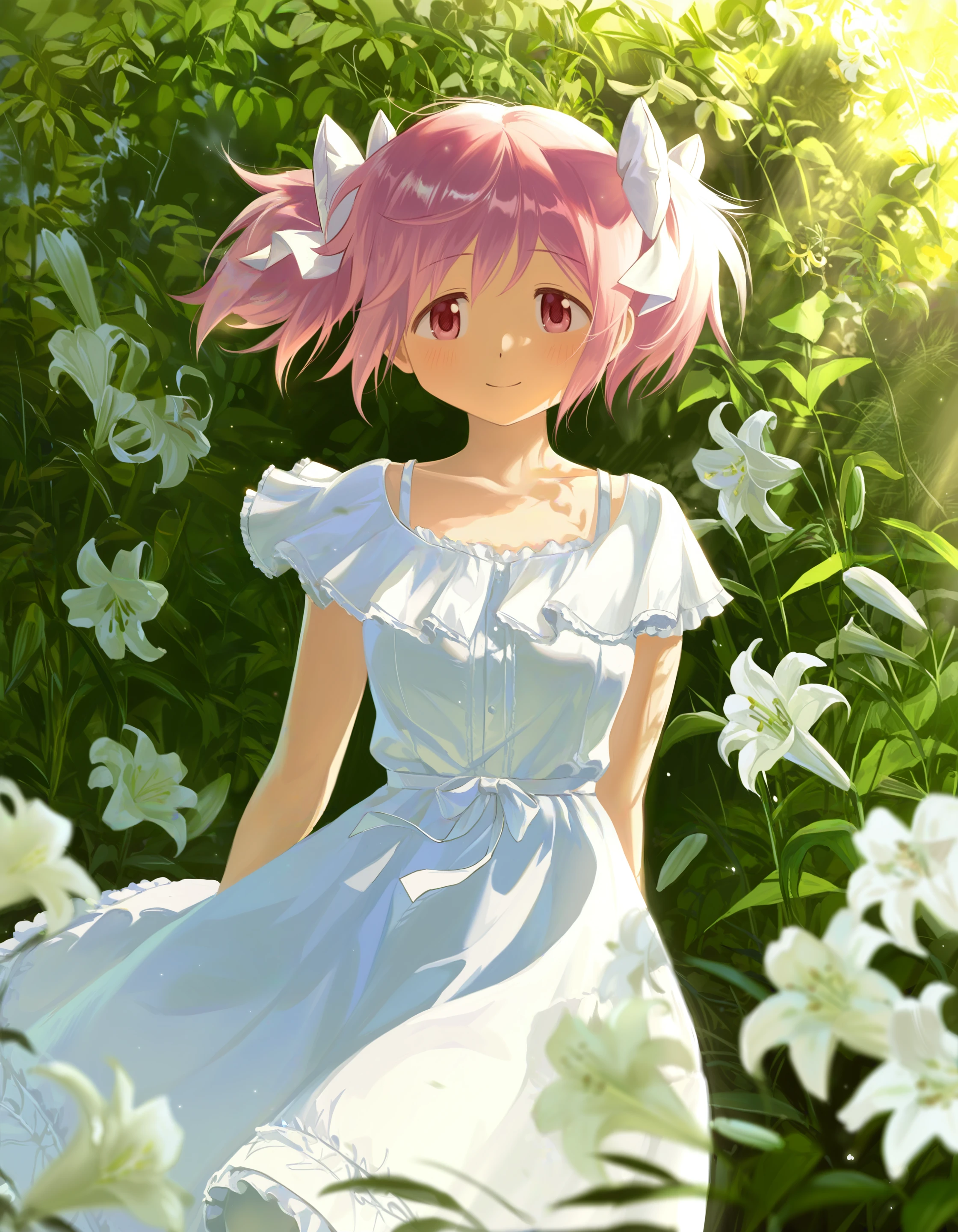 r34s0n, masterpiece, best quality, highres, very awa, very aesthetic, 1girl, kaname madoka, day, flower, lily \(flower,\), green, outdoors, smile, wind, sundress, frills, white dress, white bow, alternate costume, bloom, blurry foreground, sunlight, light particles, dappled sunlight, straw hat, sun hat, victorian,