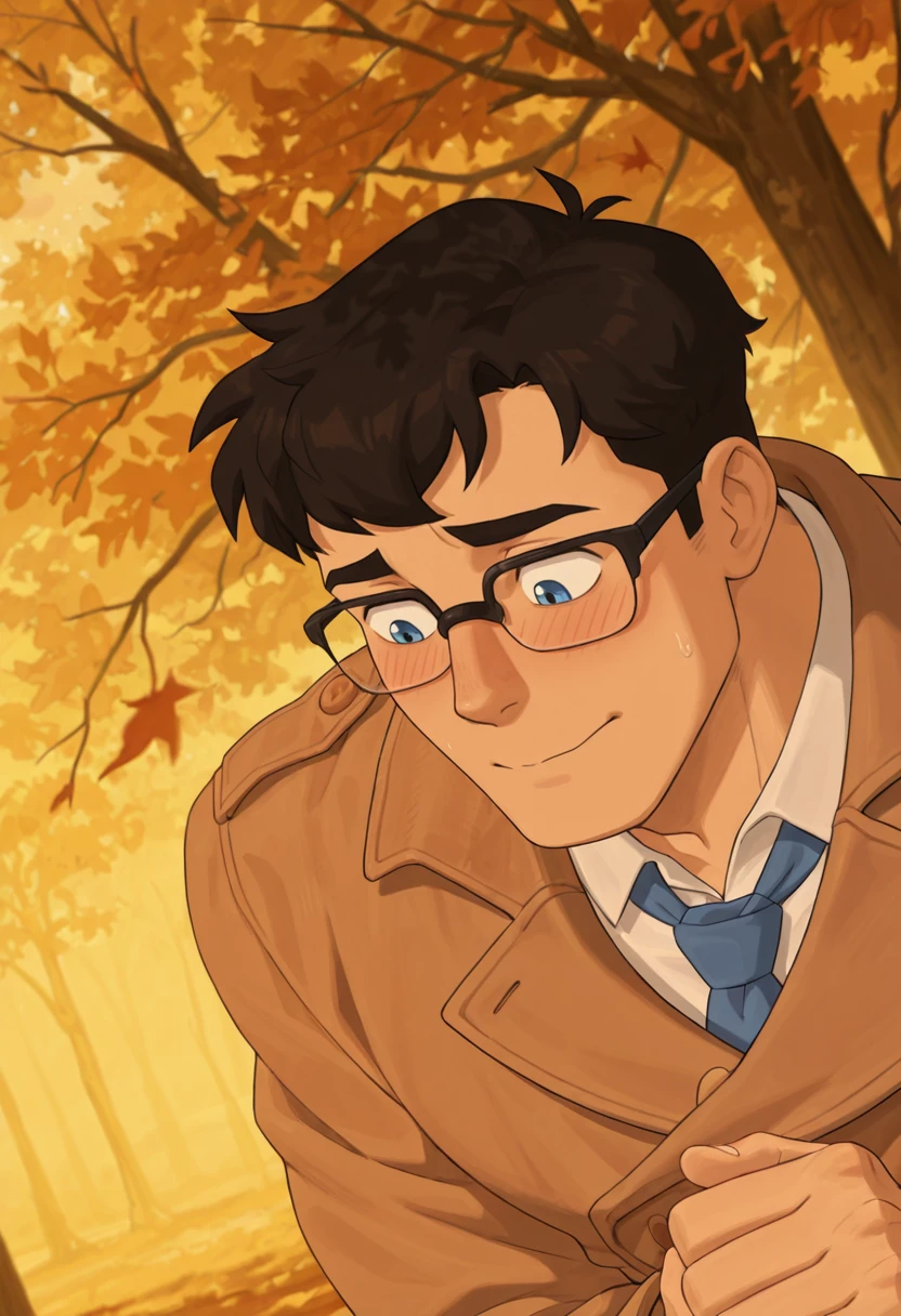 1boy, male focus, from shoulders, maws, maws_clark, maws_blue_eyes, maws_clark_black_hair, maws_clark_glasses, shoulders hunched, hands gripping coat lapels, shirt tight from wind, expressive shy face, looking down, blushing, mouth slightly open, autumn park, golden trees, warm wind, Daily Planet in distance, masterpiece, best quality, cinematic lighting, golden hour, ultra-detailed, soft shadows, newest, absurdres., dynamic pose, dynamic angle, high angle, close up:2.8, slightly from the side, slightly from underneath, <lora:Superman_MAWS:0.8>