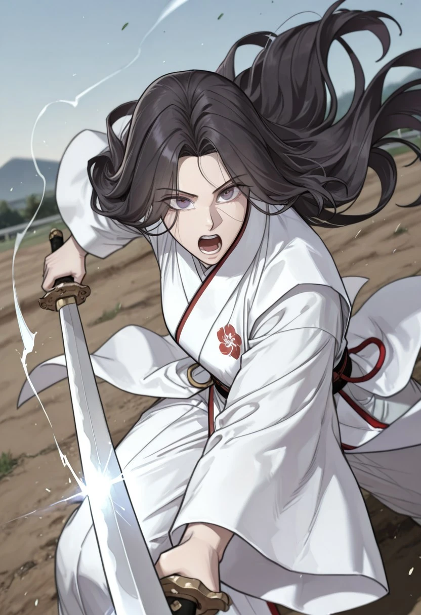 yooiseol, 1girl, solo, long hair, violet eyes, black hair, eyes visible through hair, weapon, sword,solo, holding, holding weapon, open mouth, holding sword, one-handed, wind trail, pump blossom, mount hua sect, moving wind,
masterwork, masterpiece, best quality, detailed, high detail, very aesthetic, 8k, dynamic pose, depth of field, dynamic angle,