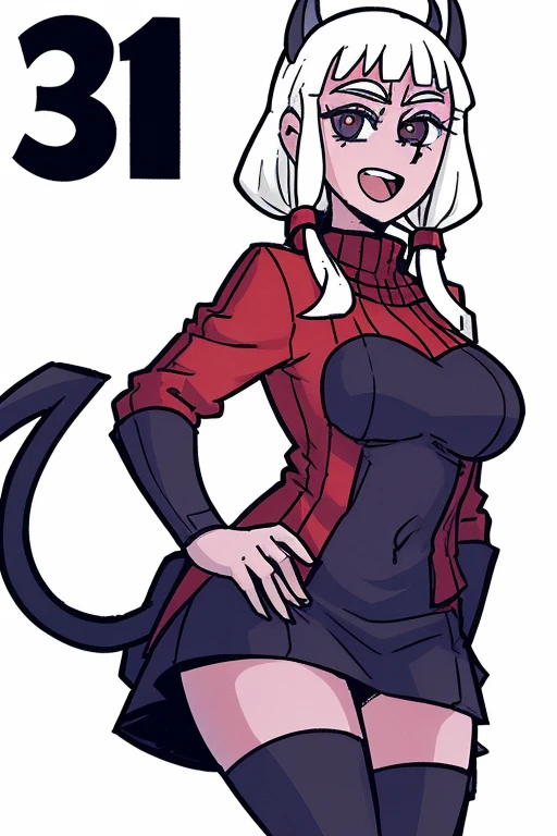 1girl, solo, mature woman, pointy ears, breasts, wide hips, thick thighs, blush, blushing, horns on head, demon tail, large breasts, dynamic angle, sharp focus, standing, heterochromia, 8k resolution, cargo crate, zip up, industrial facility, rolled up sleeve, popped up collar, mechanic jumpsuit, gloves, skin tight, work boots, cargo pockets, chest pockets, cleavage, curvaceous, big breasts, thigh gap, boob overfill, thick thighs, zipping down, hand on zipper,