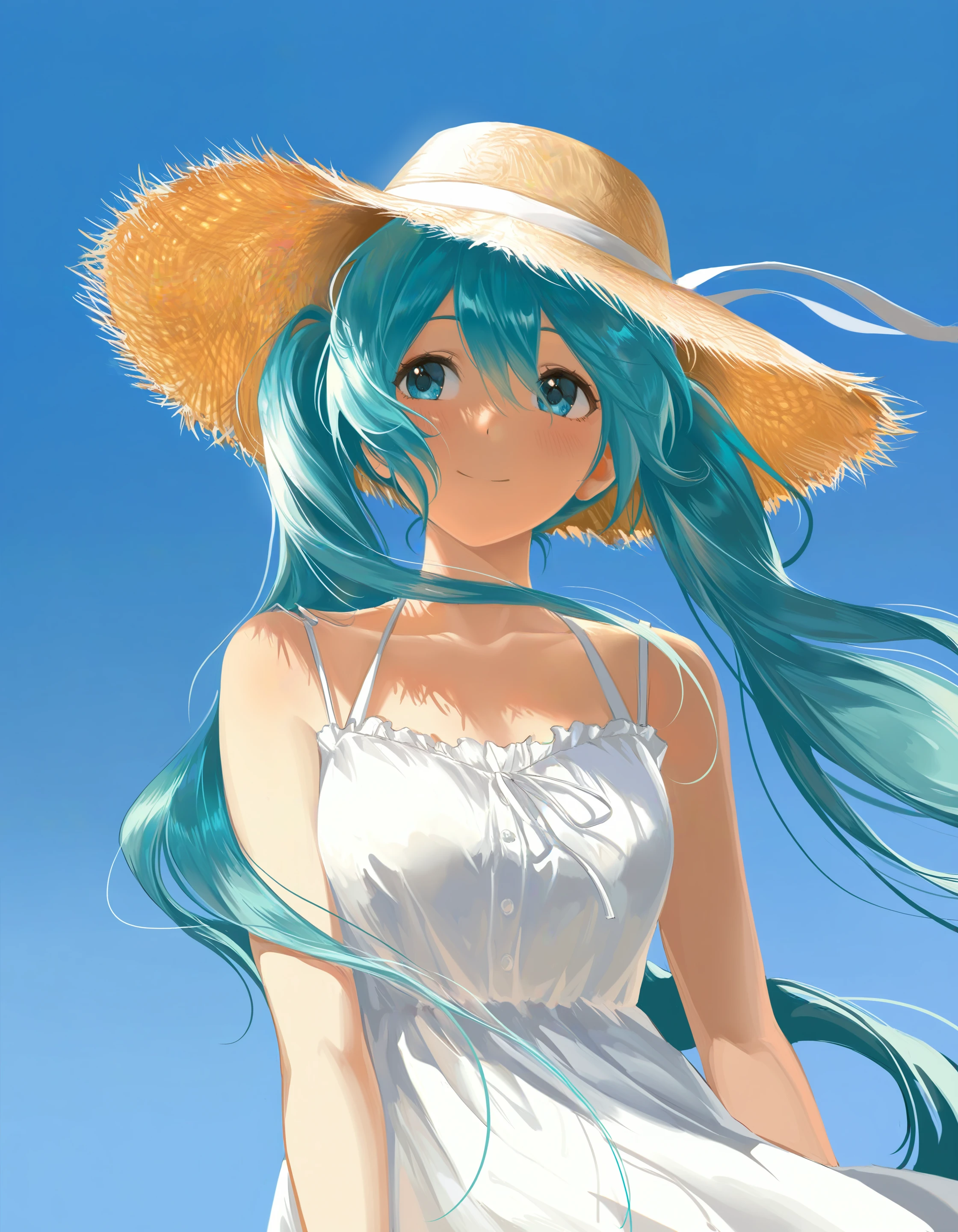 r34s0n, masterpiece, best quality, highres, very awa, very aesthetic, 1girl, hatsune miku, sun hat, straw hat, white dress, sun dress, blue sky, wind, smile, upper body,