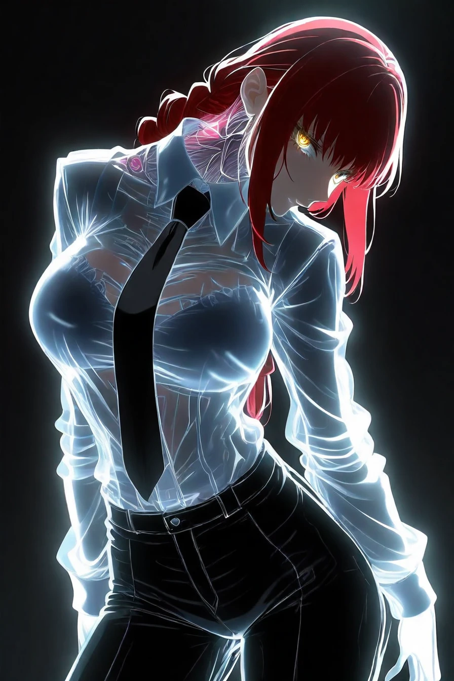 makima, red hair, long hair, yellow eyes, ringed eyes, braid, white collared shirt,black necktie, black pants, 1girl, solo, alone, <lora:dark_ethereal_art_illustriousXL-000031:1>, dark_ethereal_art, see-through body , translucent, masterpiece, highres