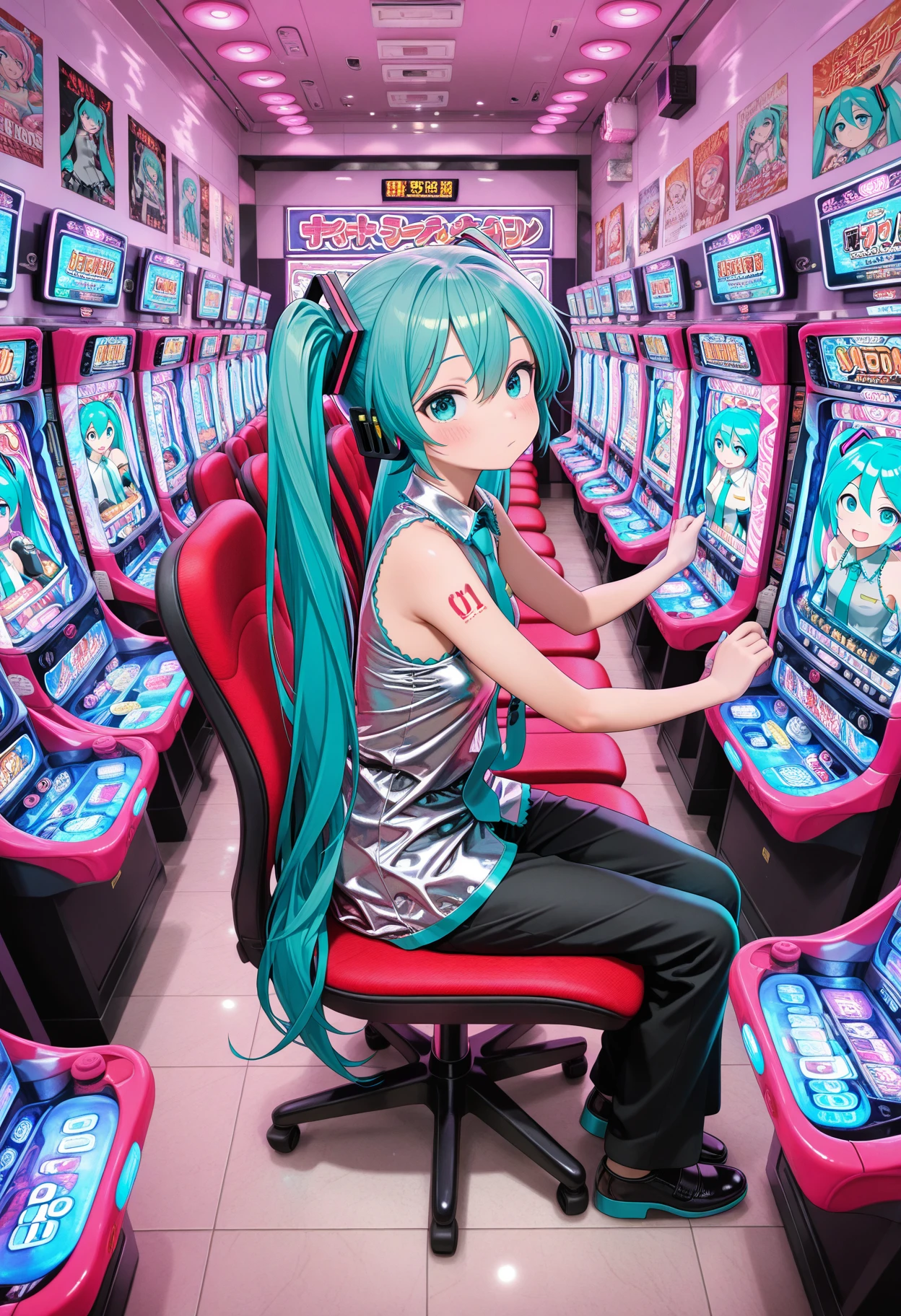 indoors, pachinko_parlor, poster (object),monitor, tiles, neon lights,many chair
<lora:pachinko_parlor_Illustrious_2.0-XL_v1:1>
hatsune miku, looking at viewer, sitting, masterpiece, newest, absurdres, best quality, amazing quality, very aesthetic, ultra-detailed, highly detailed
addmicrodetails
<lora:AddMicroDetails_Illustrious_v4:0.4>,