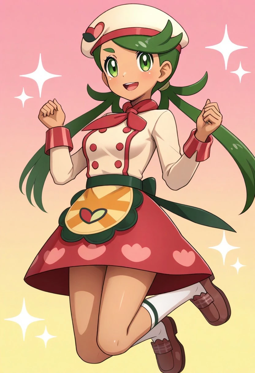 hinosaki, [[pokemoa, gonzarez]], 2d, masterpiece, best quality, amazing quality, highres, absurdres, newest, 1girl, solo, mature female, medium breasts, jumping, multicolored background, sparkle, gradient background, pink background, orange background, colorful background, colorful, hearts, medium breasts, mature female, pmallow, mallow \(pokemon\), green eyes, green hair, low twintails, swept bangs, long hair, dark-skinned female, beret, beige headwear, red neckerchief, beige jacket, double-breasted, long sleeves, waist apron, red skirt, kneehighs, white socks, loafers, brown footwear