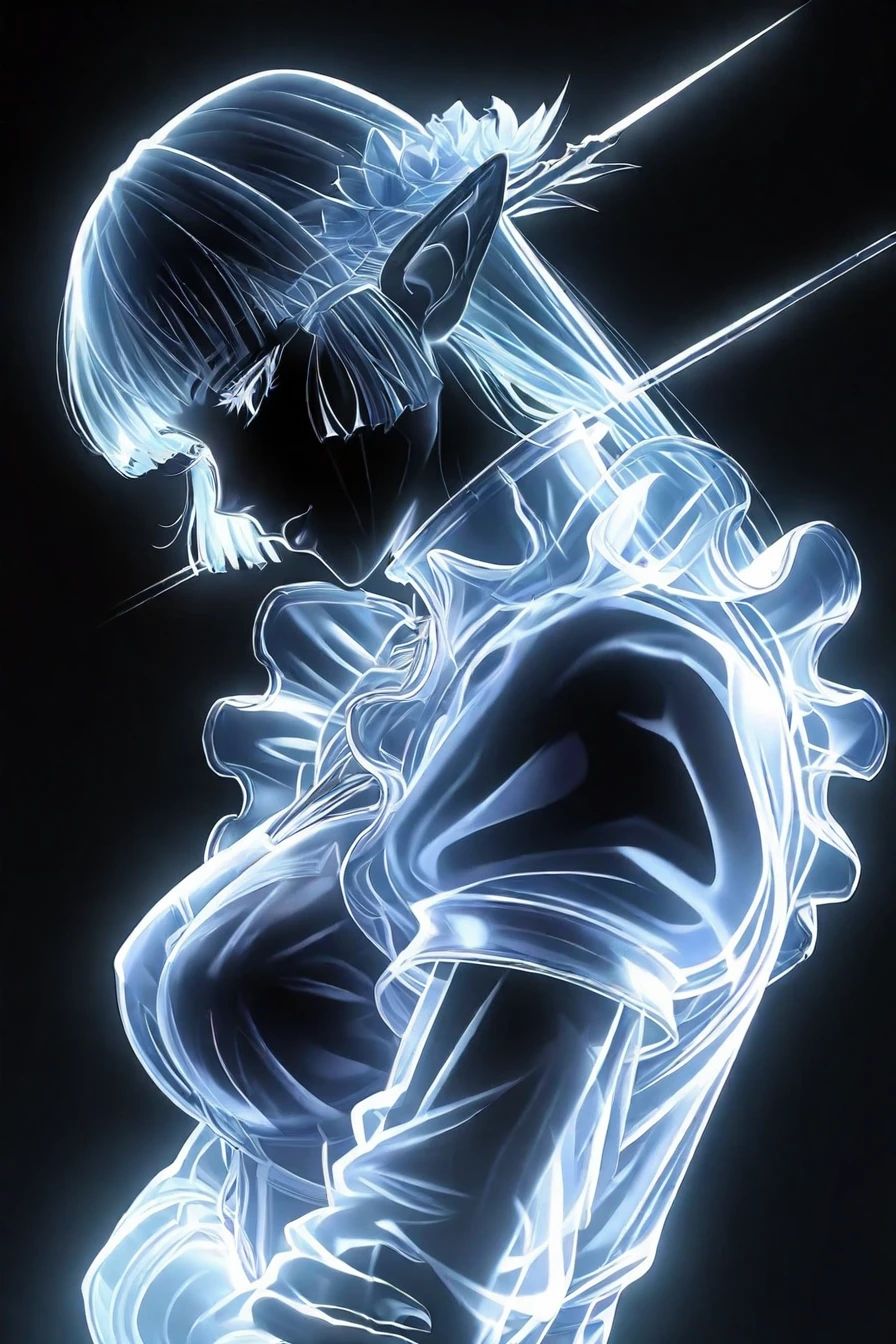 1girl, solo, alone, elf, pointy ears, close up, <lora:dark_ethereal_art_illustriousXL-000031:1>, dark_ethereal_art,  see-through body , translucent, masterpiece, highres