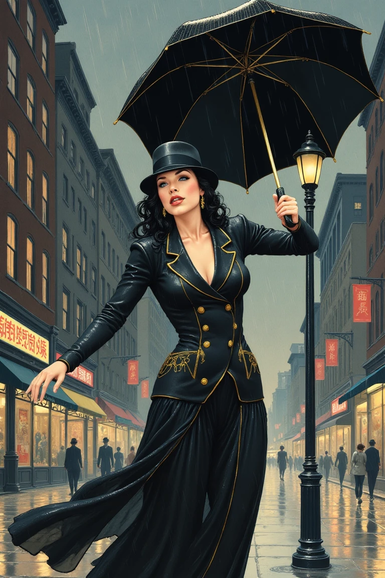 High Quality, Hyper Details, illustration style, Sumi-e style, 1930's American age, on the streets of the town where it's raining, Miranda Lawson hanging one hand on a high street lamp, ((The other hand not touching the street lamp is holding an open black umbrella and is spread out)), black double suit with golden embroidery, wearing a fedora, blue eyes, long wavy dark hair, Her whole body is wet with rain, A scene of singing in the rain, Musical, c0mix2