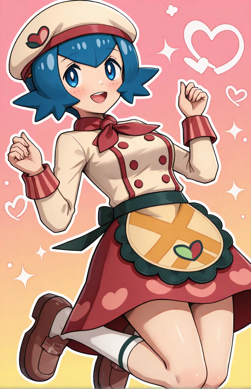 hinosaki, [[pokemoa, gonzarez]], 2d, masterpiece, best quality, amazing quality, highres, absurdres, newest, 1girl, solo, mature female, medium breasts, jumping, multicolored background, sparkle, gradient background, pink background, orange background, colorful background, colorful, hearts, medium breasts, mature female, pmallow, lana \(pokemon\), blue eyes, blue hair, short hair, beret, beige headwear, red neckerchief, beige jacket, double-breasted, long sleeves, waist apron, red skirt, kneehighs, white socks, loafers, brown footwear