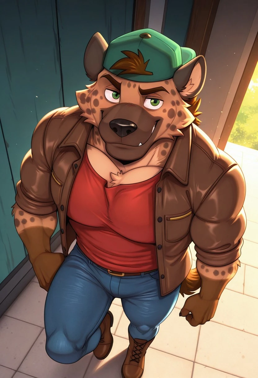 Felipe, solo, furry, hyena boy, tail, perfect eyes, green eyes, smile, muscular, masculine, manly, large pectorals, dynamic angle, from above, green backwards cap, red shirt, open jacket, denim, jeans, brown boots, BREAK masterpiece, amazing quality, high detail, very aesthetic, detailed background, scenery, detailed fur, detailed muscles, cinematic lighting, facing viewer