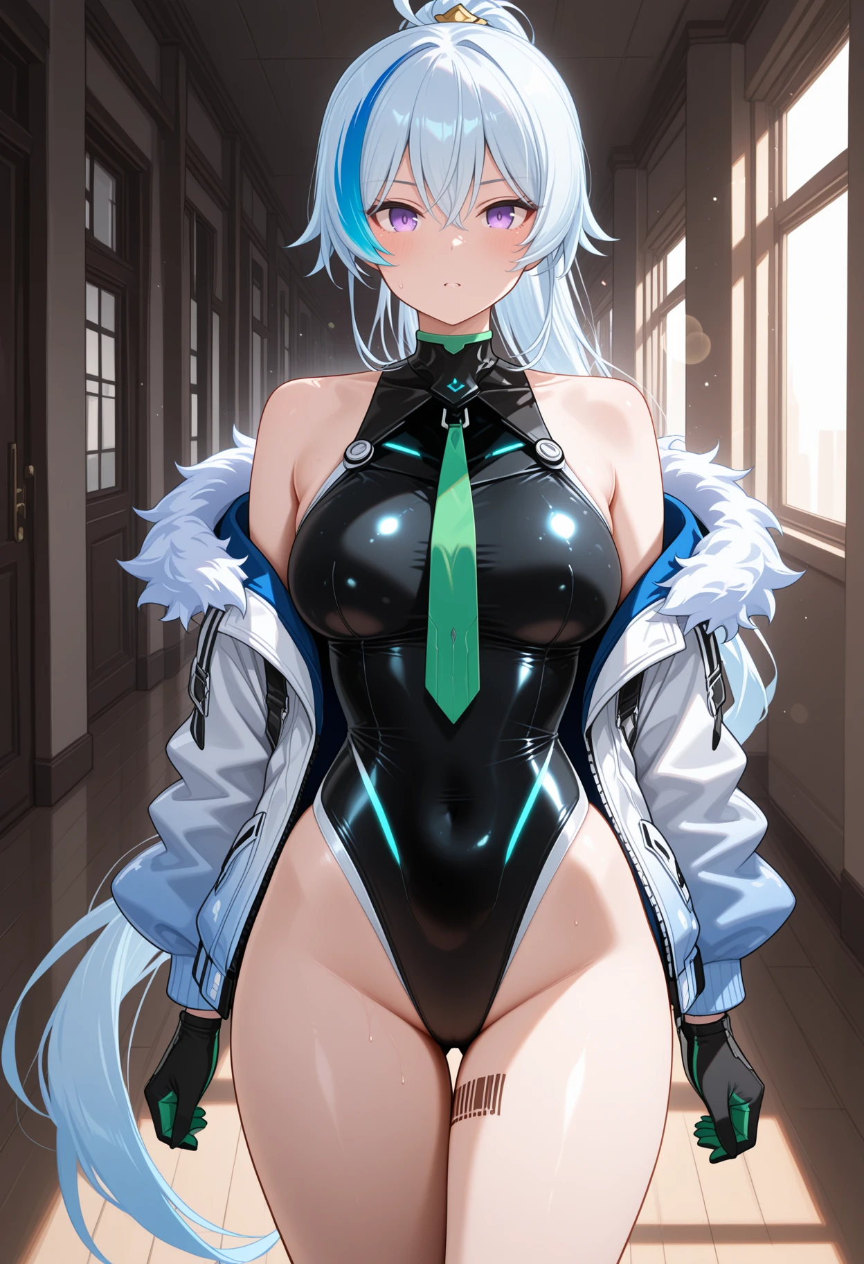NSFW,How,(Highest quality,High resolution,Super detailed,Realistic:1.2),Portraiture,Silver Hair,Beautiful Blue Eyes,A little blush,smile,Facial steam effect,Nice beret,Twin Curl,Embarrassed look,Latex swimwear,High neck、
Female Model(1 person),High leg cut,Her slightly erect nipples are visible through her swimsuit,Open crotch design exposes your crotch to the audience,stimulated a reaction from the audience,Slightly squatting pose,Put your arms behind your head,Black socks,Brown Loafers,To the camera,By the pool