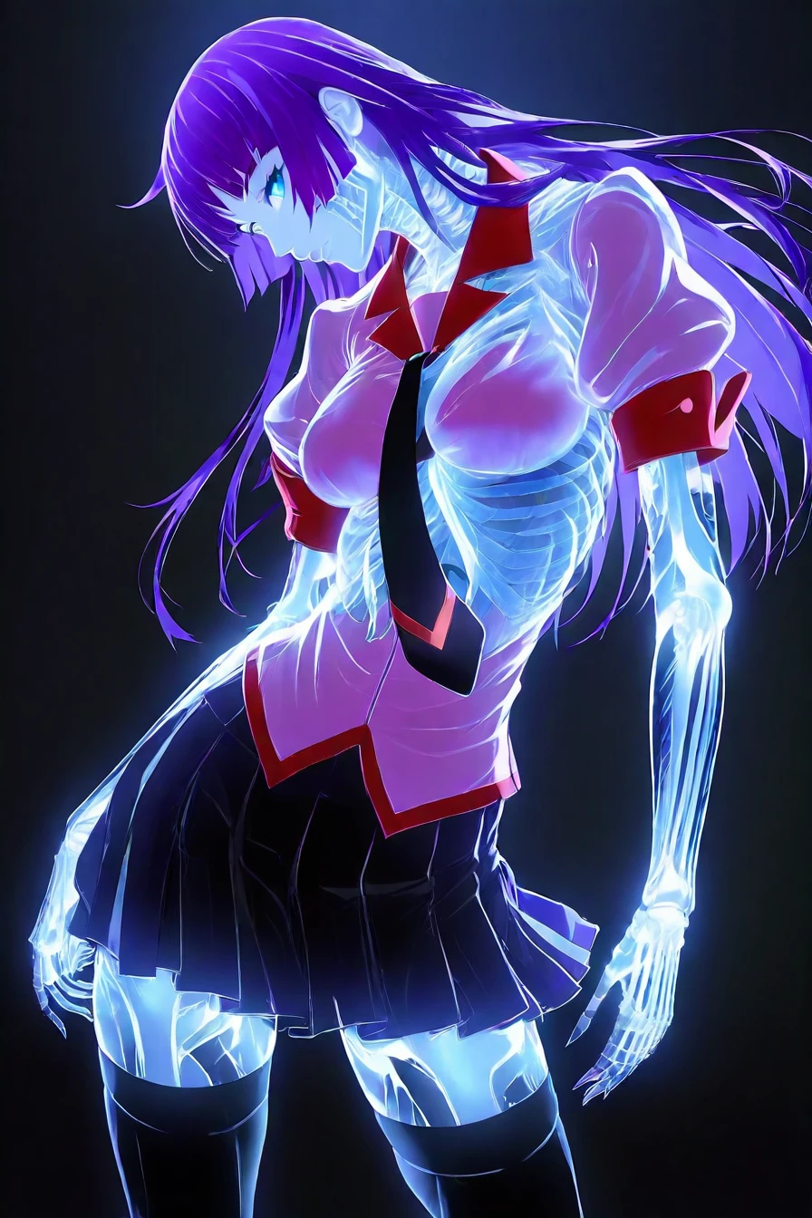 hitagi senjougahara, bangs, long hair, blue eyes, purple hair,skirt, thighhighs, school uniform, necktie, black thighhighs, zettai ryouiki, naoetsu high school uniform, 1girl, solo, alone, <lora:dark_ethereal_art_illustriousXL-000031:1>, dark_ethereal_art,  see-through body , translucent,  skeleton, masterpiece, highres