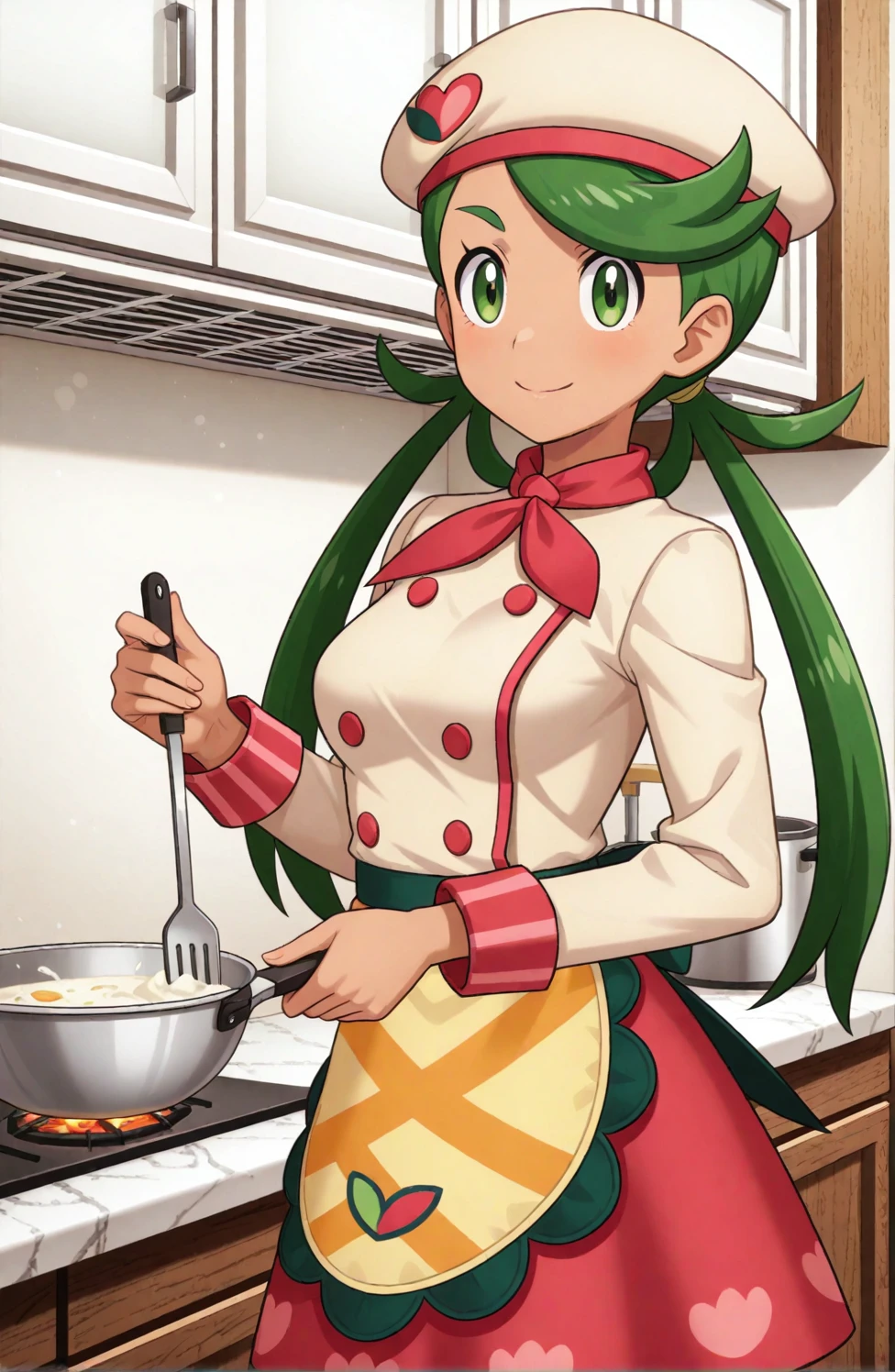 sketch, detailed lines, manga style , pencil sketch style, soft shading, soft delicate features, vivid colors, [high saturation], 2d, masterpiece, best quality, amazing quality, highres, absurdres, newest, 1girl, solo, mature female, medium breasts,standing, cowboy shot, cooking, kitchen, simple background,  medium breasts, mature female,pmallow, mallow \(pokemon\), green eyes, green hair, low twintails, swept bangs, long hair, dark-skinned female, beret, beige headwear, red neckerchief, beige jacket, double-breasted, long sleeves, waist apron, red skirt