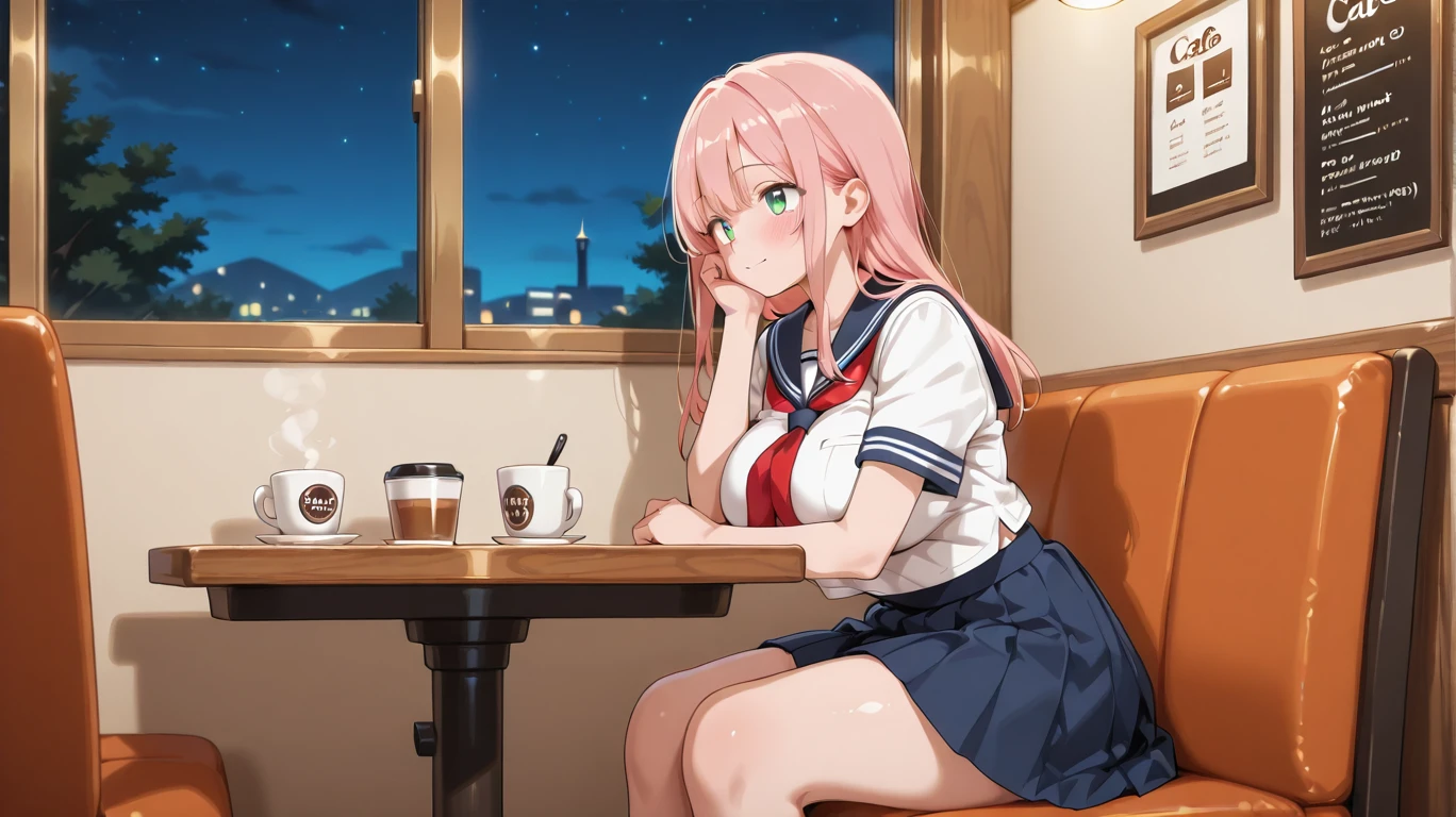 1girl, , serafuku, white shirt, pleated skirt, sitting, cafe, night