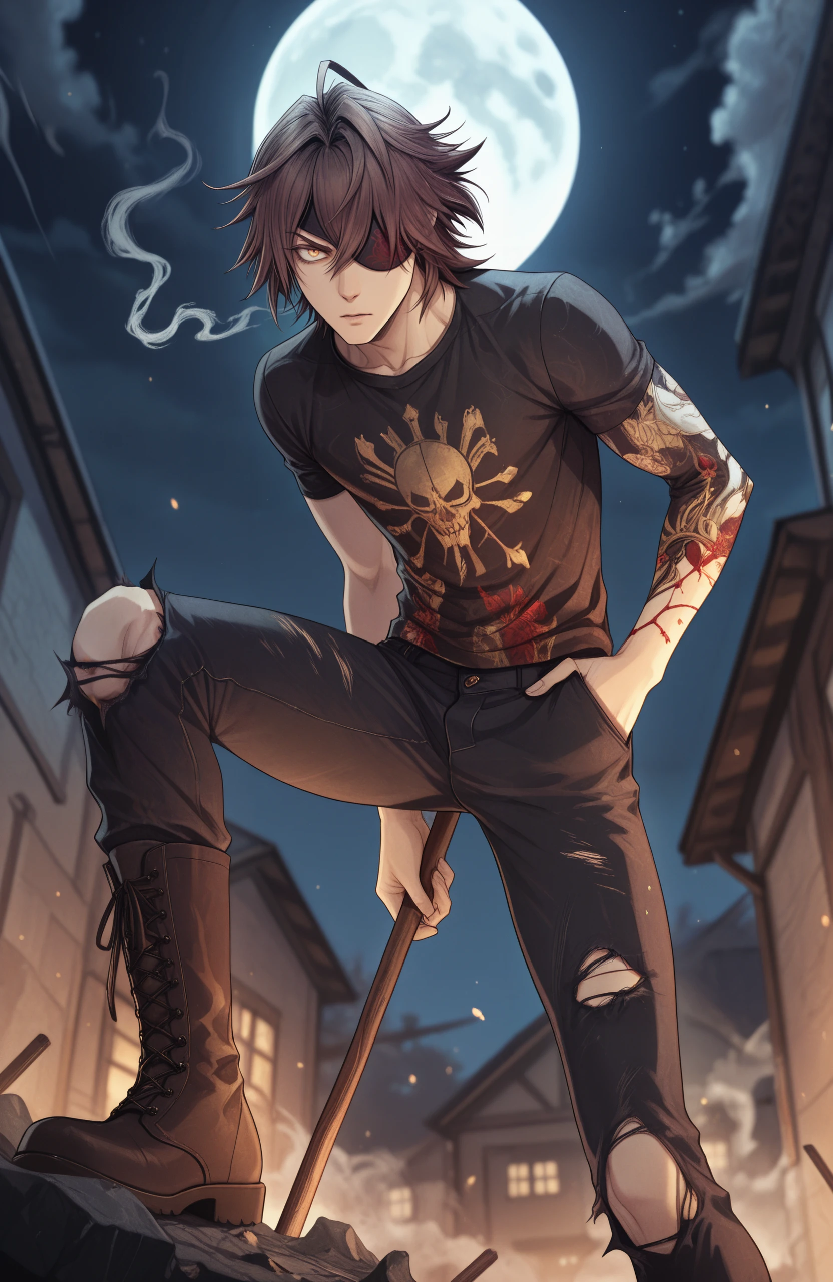 1male, zombie male, brown hair, tattered skin, bones, smoking, rooftop, night time, misty smoke
