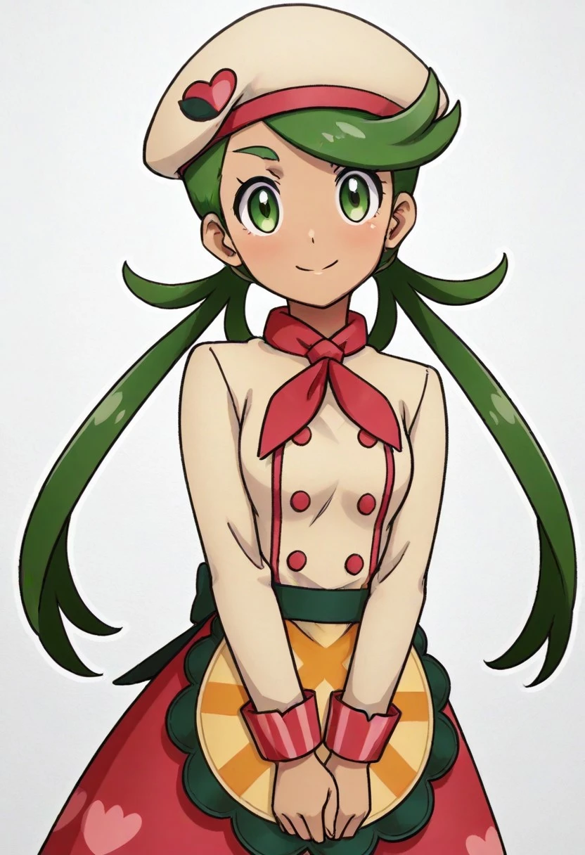 2d, masterpiece, best quality, amazing quality, masterpiece, best quality, amazing quality, highres, absurdres, newest, 1girl, solo, white background, looking at viewer, upper body, cowboy shot, simple background, traditional media, sketch, detailed lines, sketch, manga style , pencil sketch style, soft shading, soft delicate features, pmallow, mallow \(pokemon\), green eyes, green hair, low twintails, swept bangs, long hair, dark-skinned female, beret, beige headwear, red neckerchief, beige jacket, double-breasted, long sleeves, waist apron, red skirt