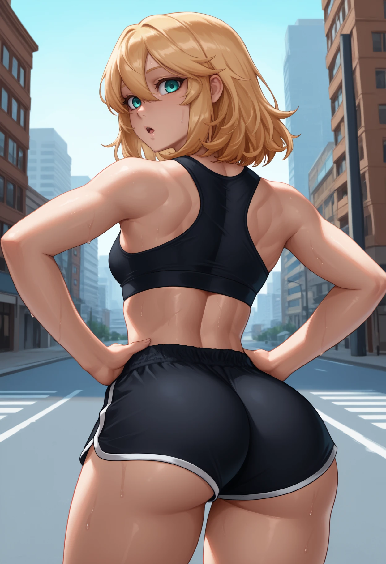 newest, , solo, 1girl, sweat, :o, looking back, looking at viewer, hands on own , medium hair, blonde hair, hair between eyes, aqua eyes, black sports bra, black shorts, dolphin shorts, short shorts, , outdoors, day, building, city street
<segment:yolo-Anzhc Face seg 640 v3 y11n.pt,0.5,1//cid=11>