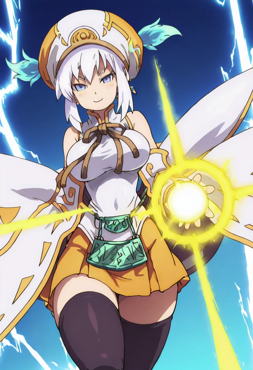 masterpiece, best quality, solo, curvy, beautiful eyes, narrow waist, wide hips, 1girl, solo, smile, looking at viewer, foreshortening, close up, anime screenshot, large breasts, zzLucia, blue eyes, short hair, white hair, hat, bare shoulders, detached sleeves, skirt, black thighhighs, zettai ryouiki ,<lora:LuciaLuminousArc_IXL:1.0>,,vivid aura, looking at viewer, blue background, smug, aura, super saiyan, charging energy, energy ball, energy, lightning, <lora:DBSBroly_Style_IXL_v2:0.6>,
