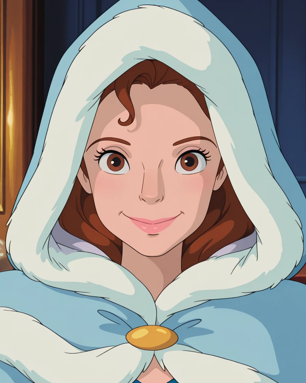 masterpiece, best quality, amazing quality, absurdres, ghiblistyle, DisneyRenstyle, BBelle, Belle Disney, BAB, 1girl, hood, brown hair, brown eyes, fur trim, looking at viewer, smile <lora:Disney_Renaissance_IllustriousV1:0.3> <lora:Ghibli_MK2_style_illustV1:0.90>