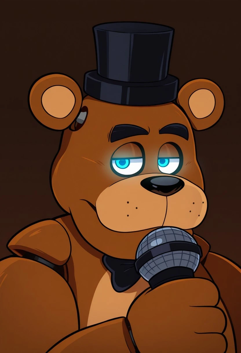 1boy, solo, male, style parody, cartoon style, 2d, brown background, anthro bear, round ears, brown fur, black eyebrows, two tone fur, black nose, blue eyes, dot eyes, thick arms, chubby, fat, overweight, obese, glowing eyes, black top hat, black bow tie, BREAK holding a microphone, male focus, close-up, looking at viewer, half eyes closed, face shot, three quarter view focus, side angle